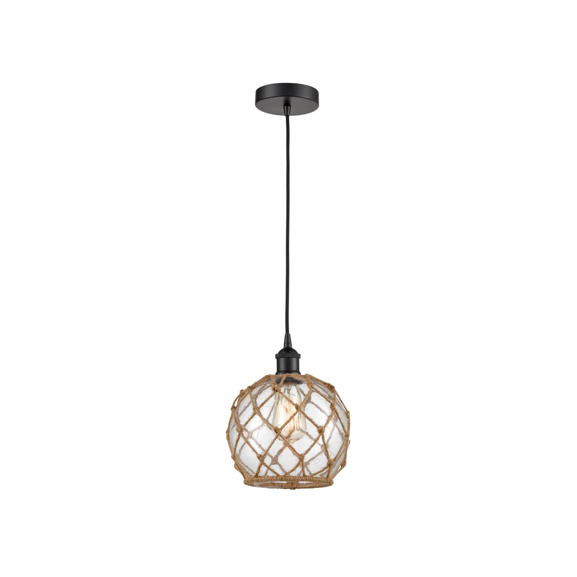 Shown in Matte Black finish and Clear Farmhouse With Brown Rope glass