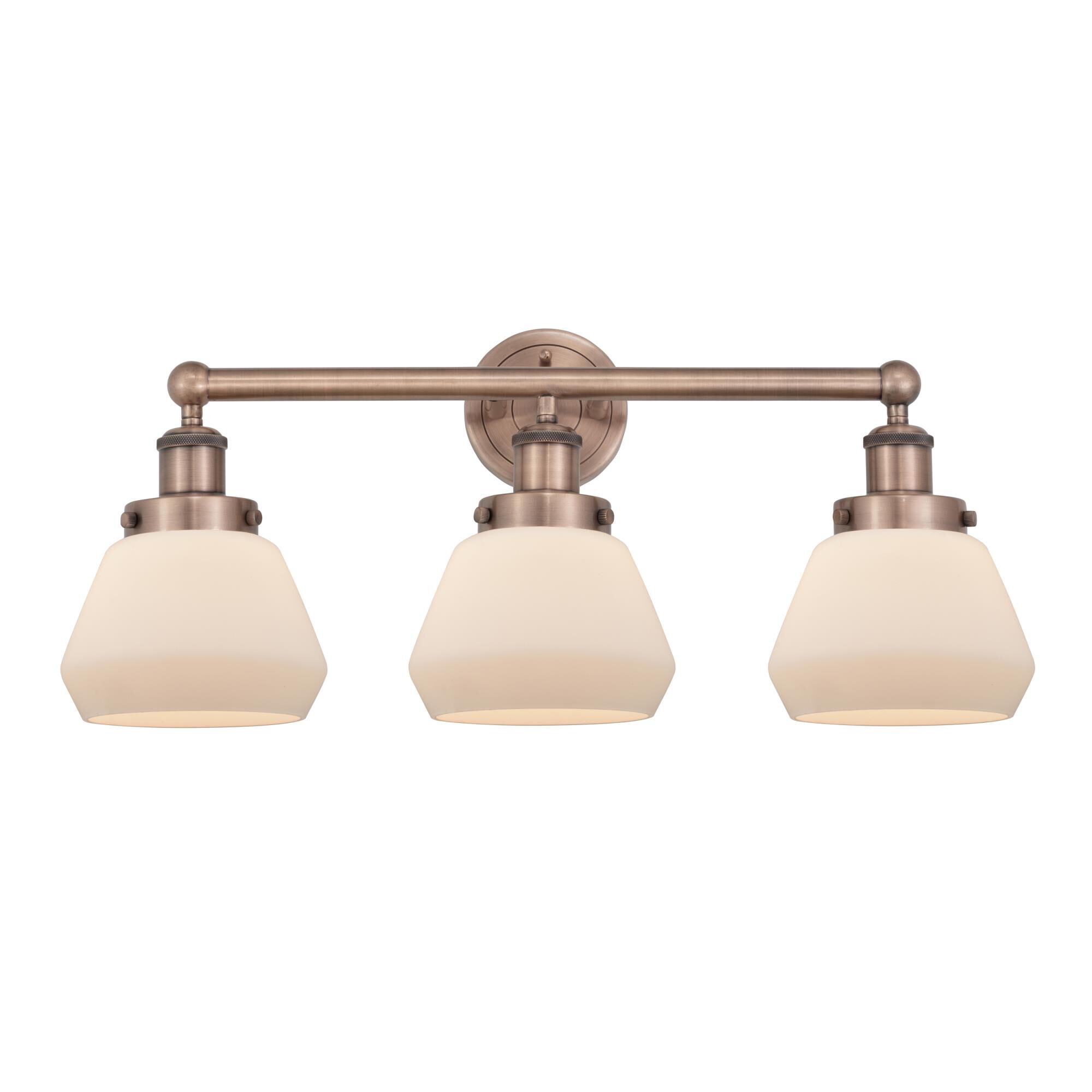 Shown in Antique Copper finish and Matte White glass