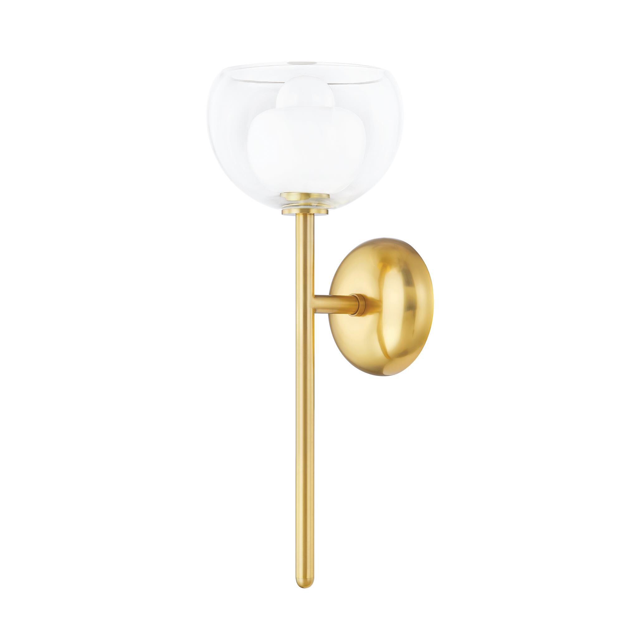 Shown in Aged Brass finish and Opal Glossy and Clear glass