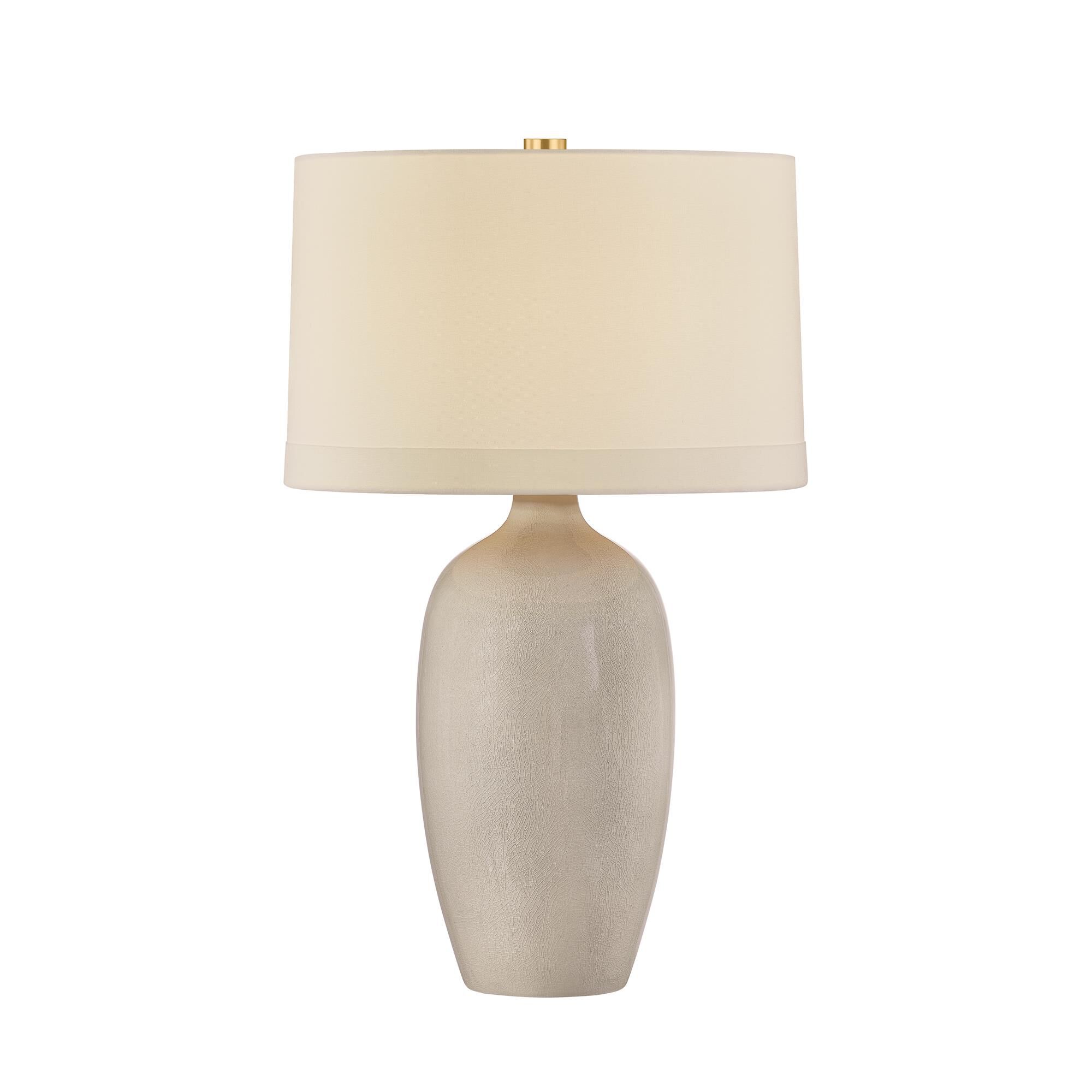 Shown in Aged Brass and Ceramic Frost Grey Crackle finish and White Linen shade