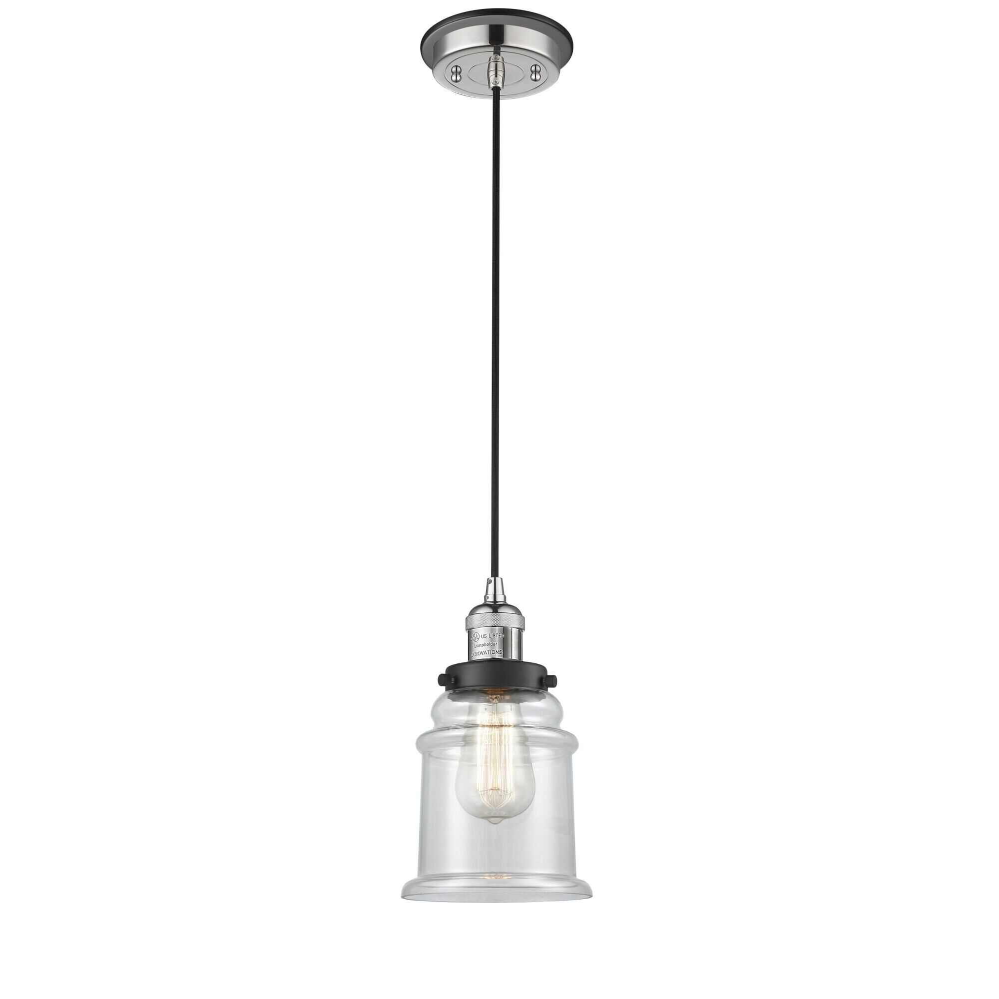 Shown in Polished Nickel finish and Clear Canton glass and Matte Black accent