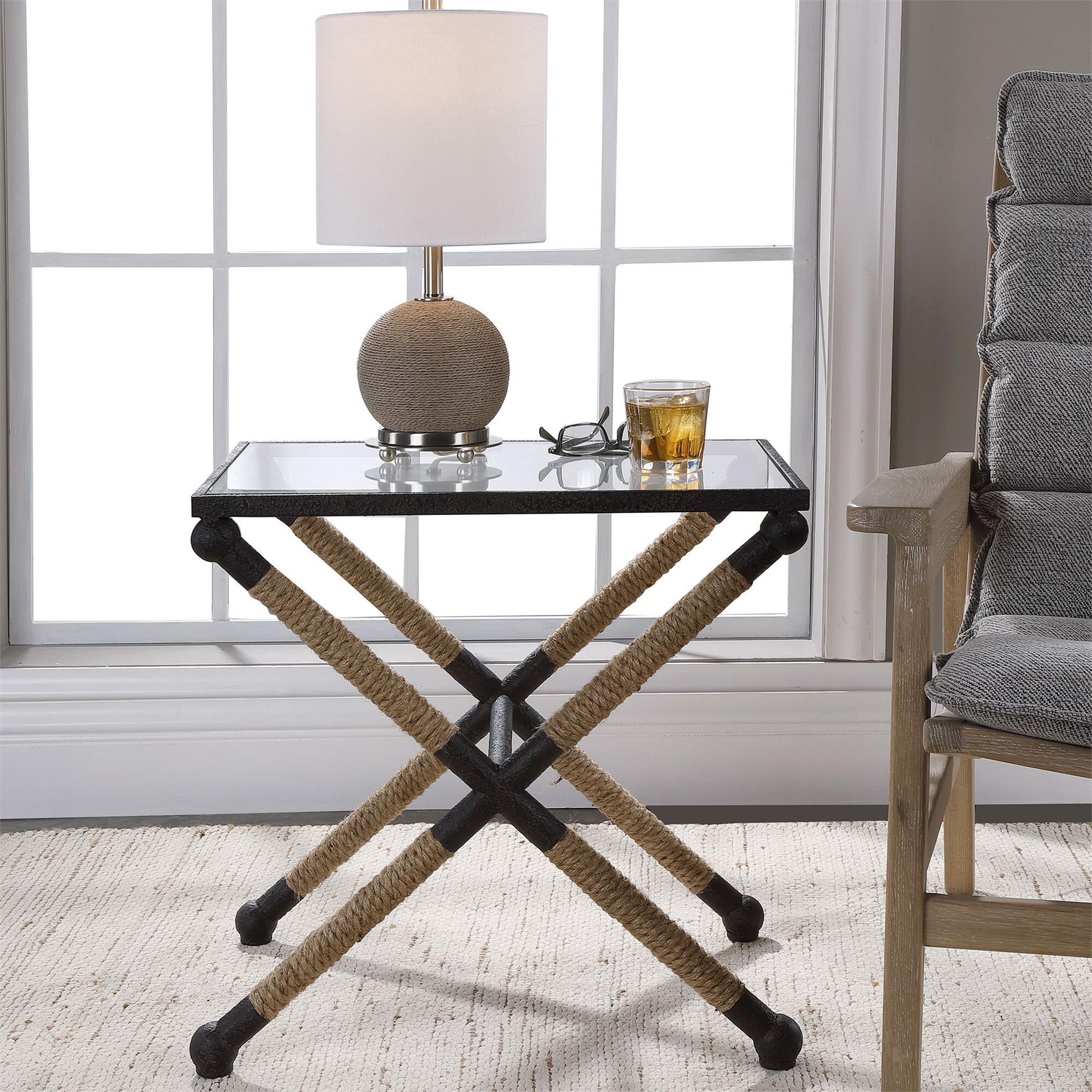 Shown in A Nod To Classic Coastal Style, This Accent Table Features A Rustic Iron Frame Wrapped In Natural Fi finish