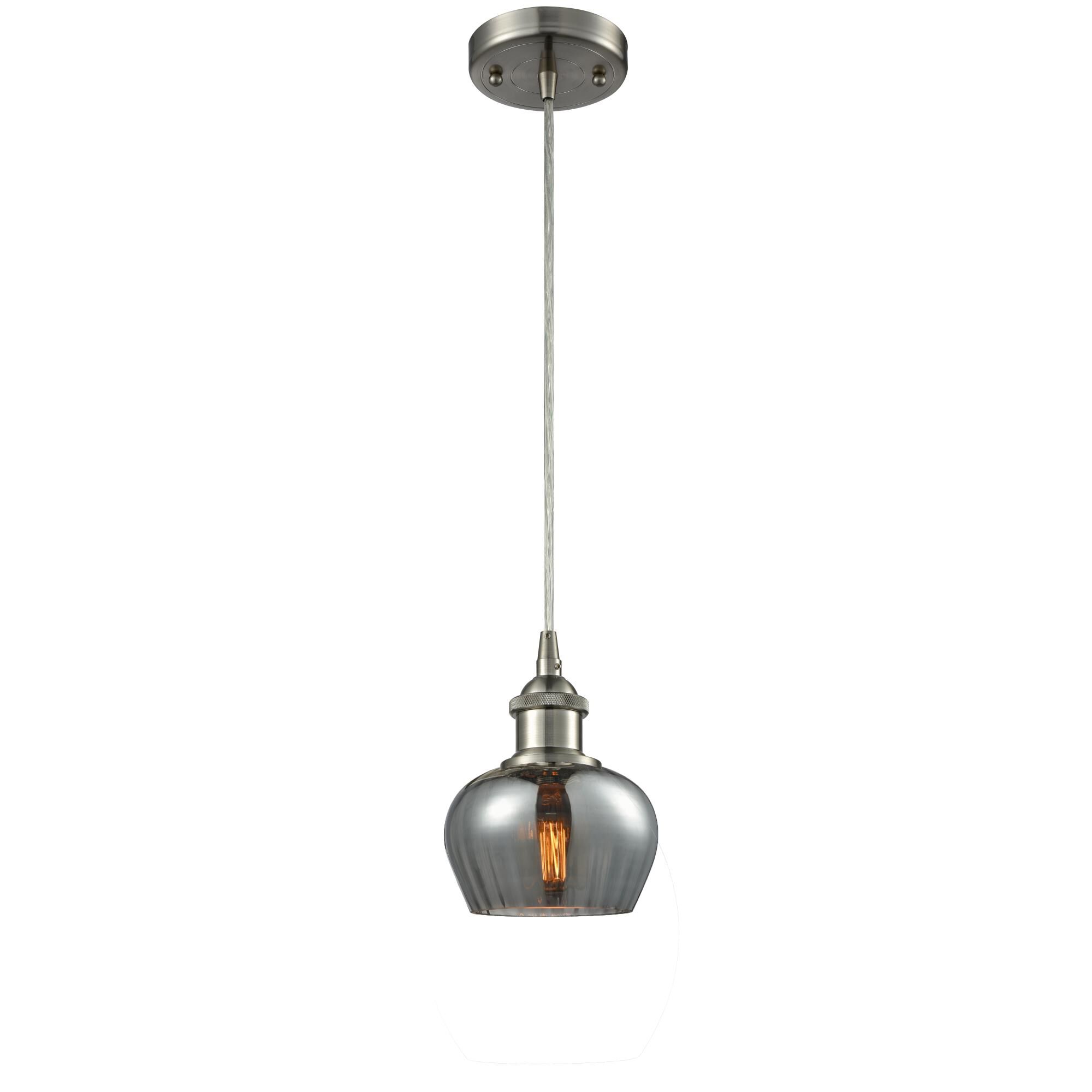 Shown in Brushed Satin Nickel finish and Smoked Fluted glass