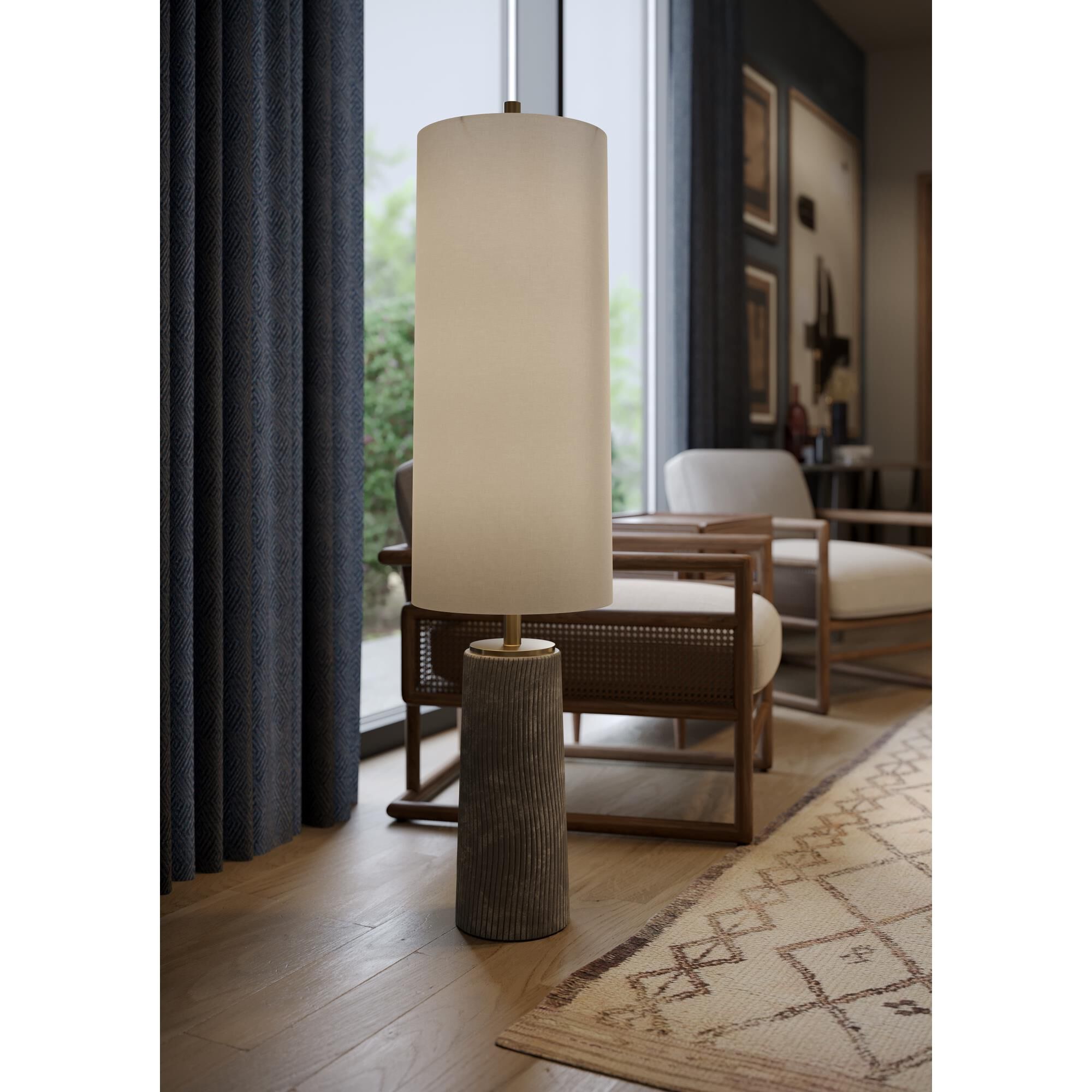 Shown in Patina Brass and Ceramic Meditation Grey finish and Natural Linen Fabric shade