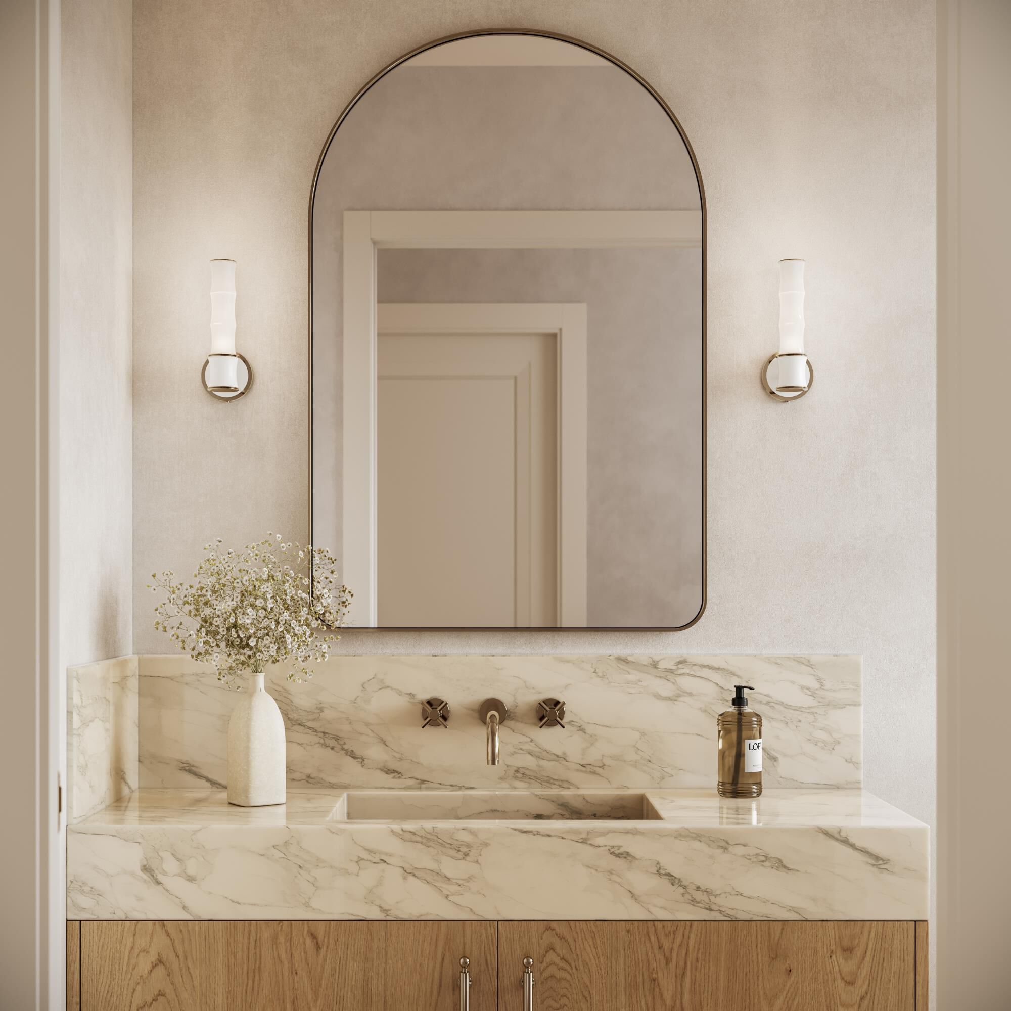 Shown in Daisy finish and White Frosted glass and Polished Nickel accent