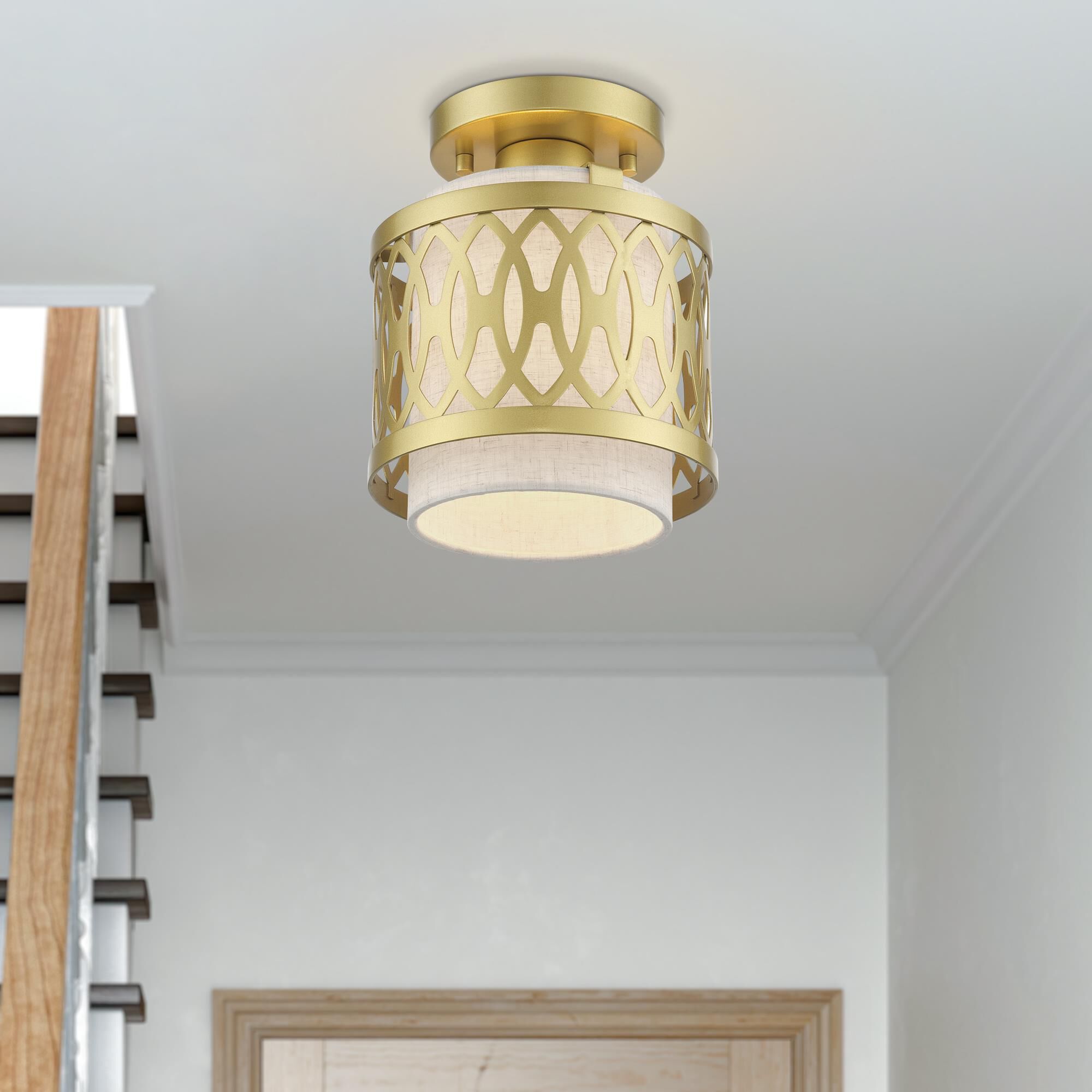 Shown in Soft Gold finish and Hand Crafted Oatmeal Color Hardback shade