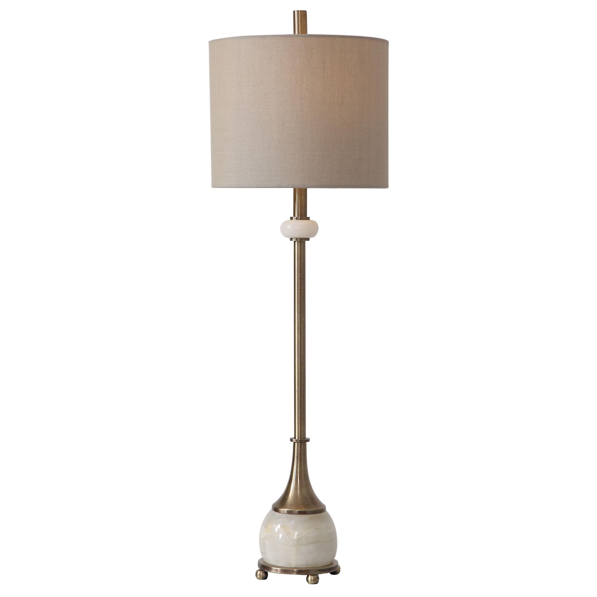 Shown in This Buffet Lamp Features A Delicate Design With Traditional Elements That Showcase Polished White M finish and Round Hardback shade