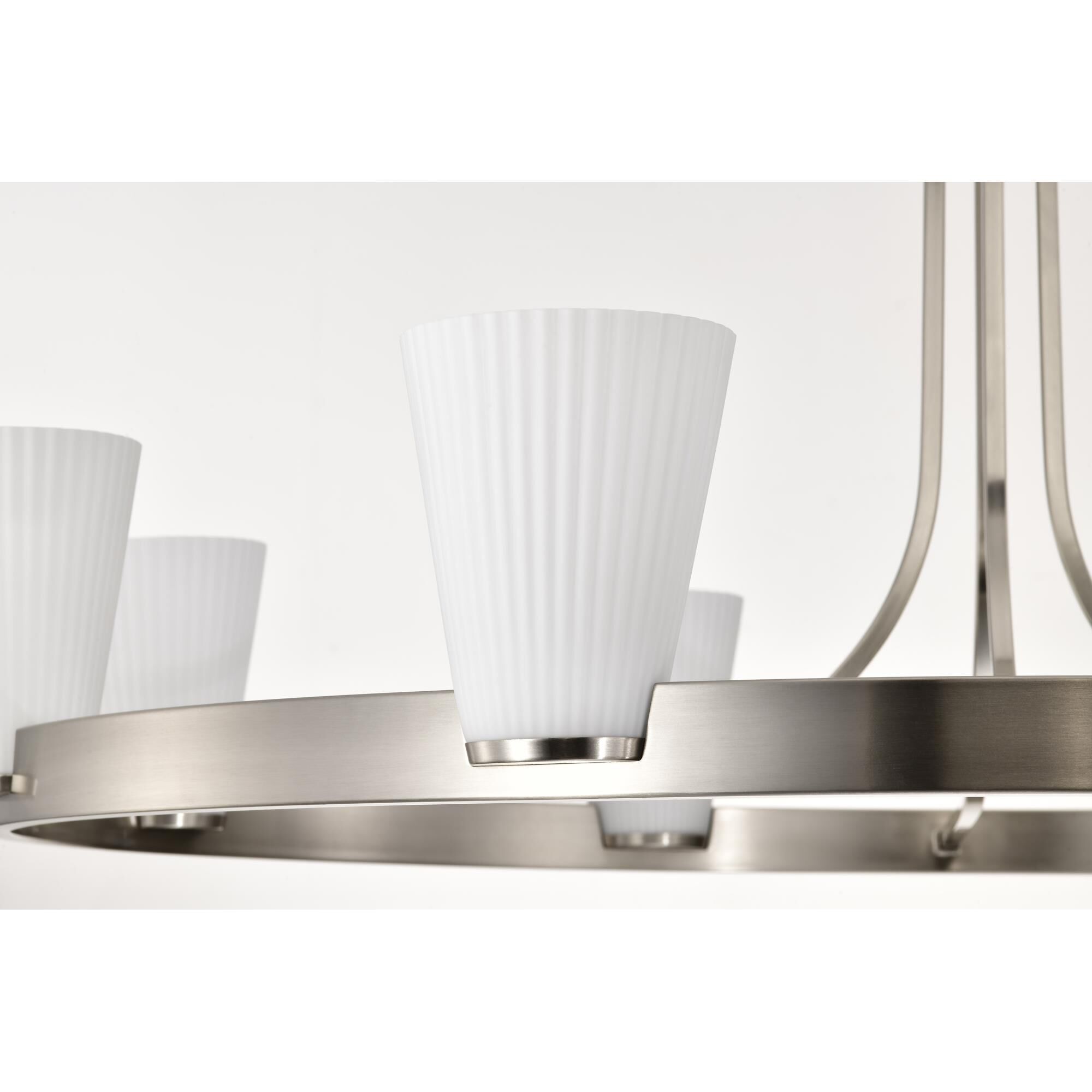 Shown in Brushed Nickel finish and Ribbed White glass
