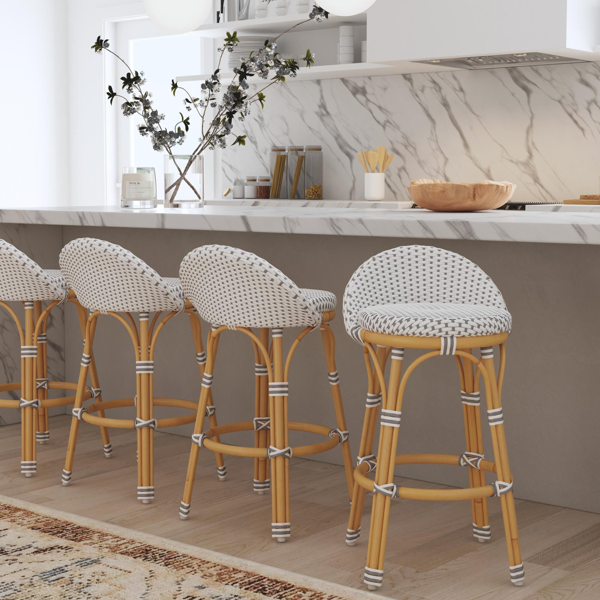 Shown in White, Gray Dot and Natural Rattan Frame finish