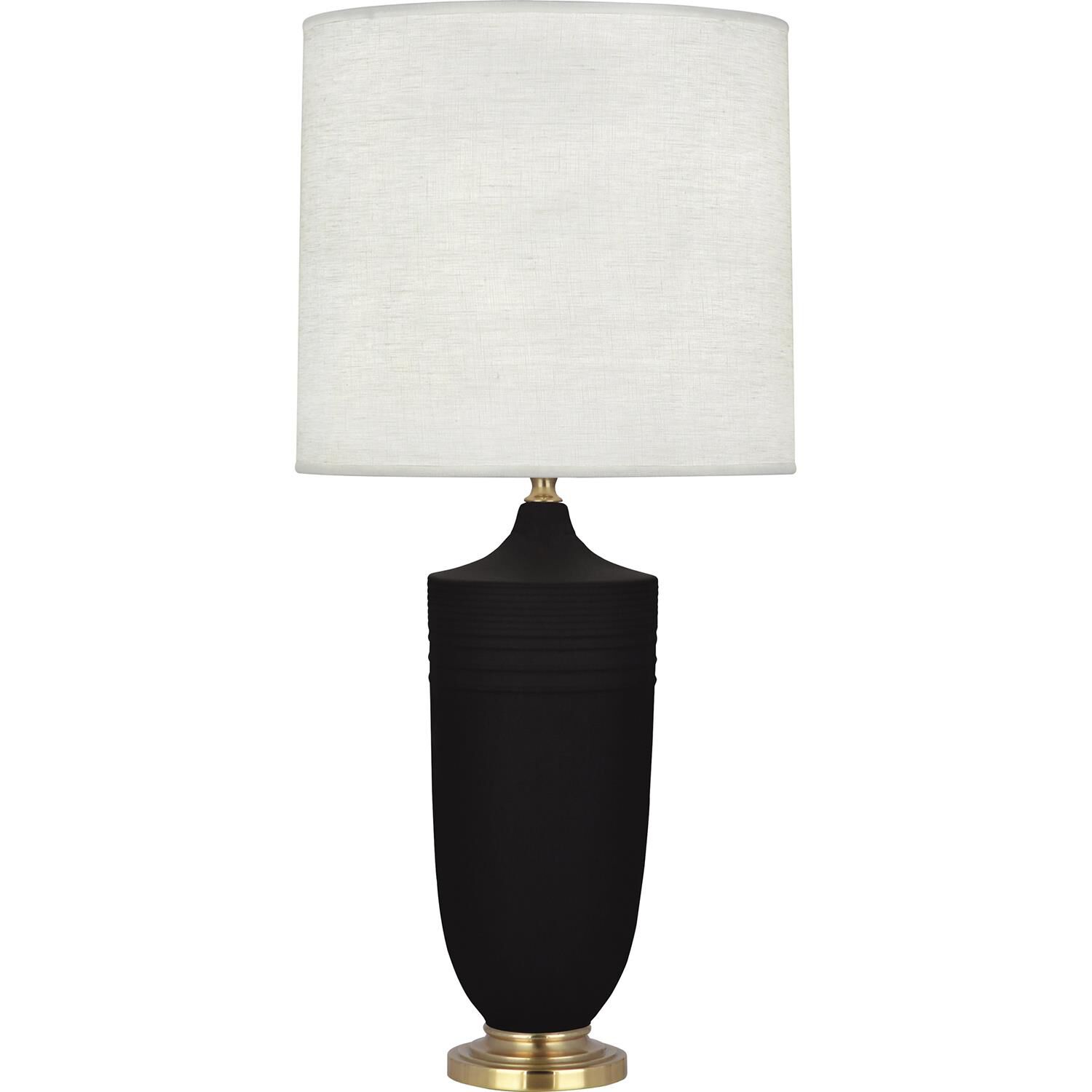 Shown in Matte Dark Coal Glazed Ceramic With Modern Brass Accents finish and Oyster Linen shade