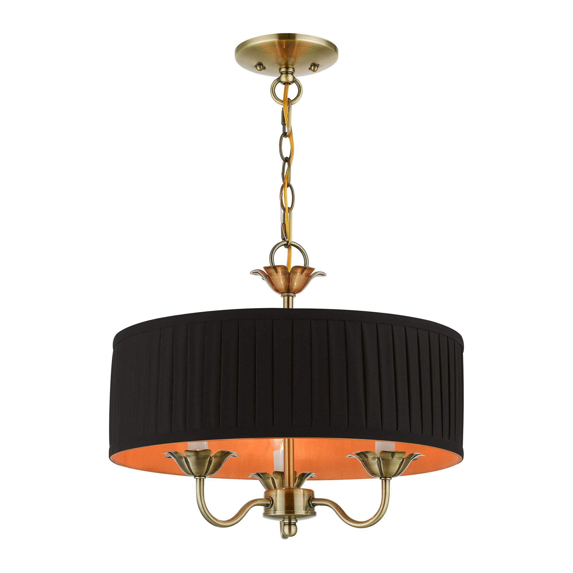 Shown in Antique Brass finish and Black Fabric Hardback with Orange Fabric Inside shade