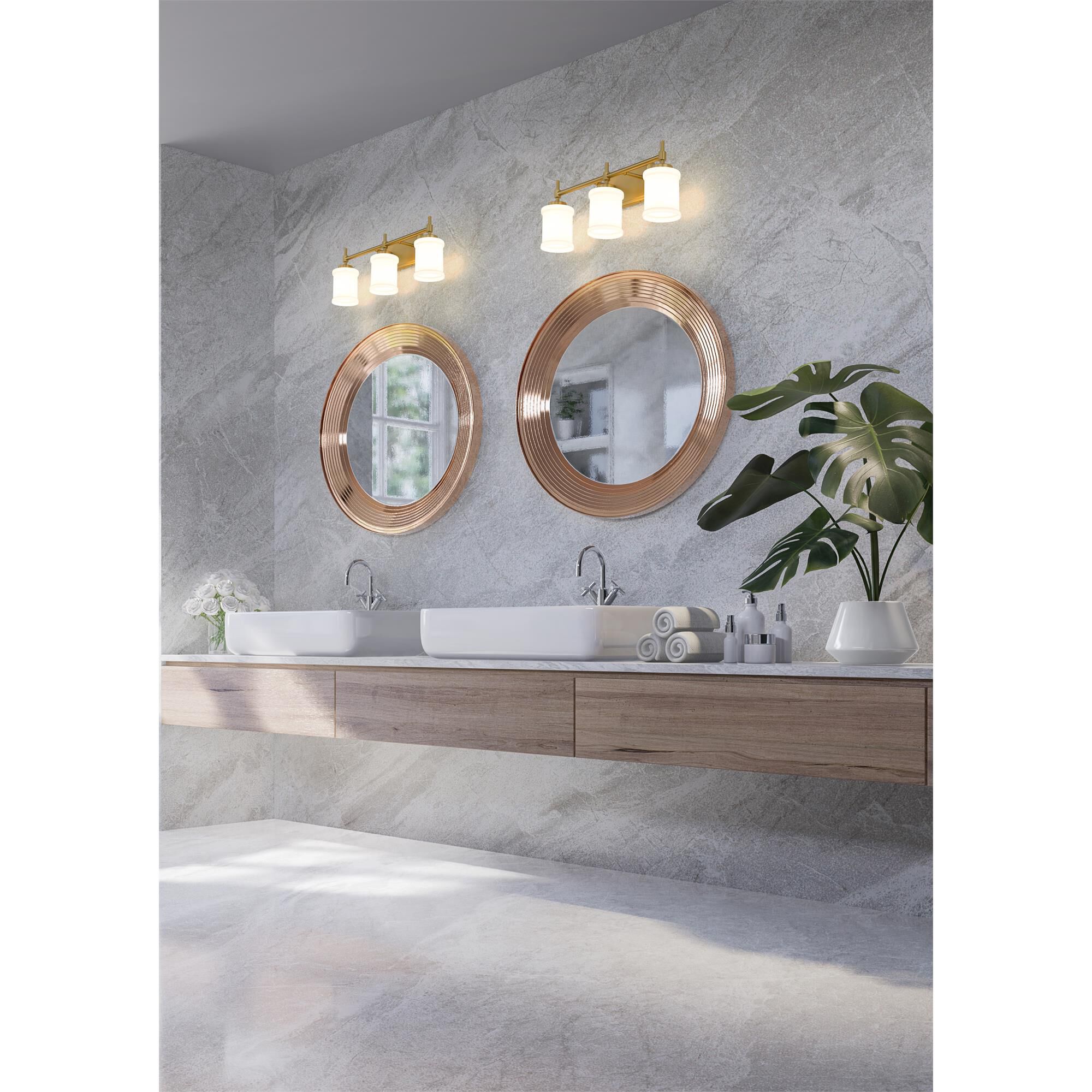 Shown in Modern Gold finish and Gloss Opal glass and Gloss Opal shade