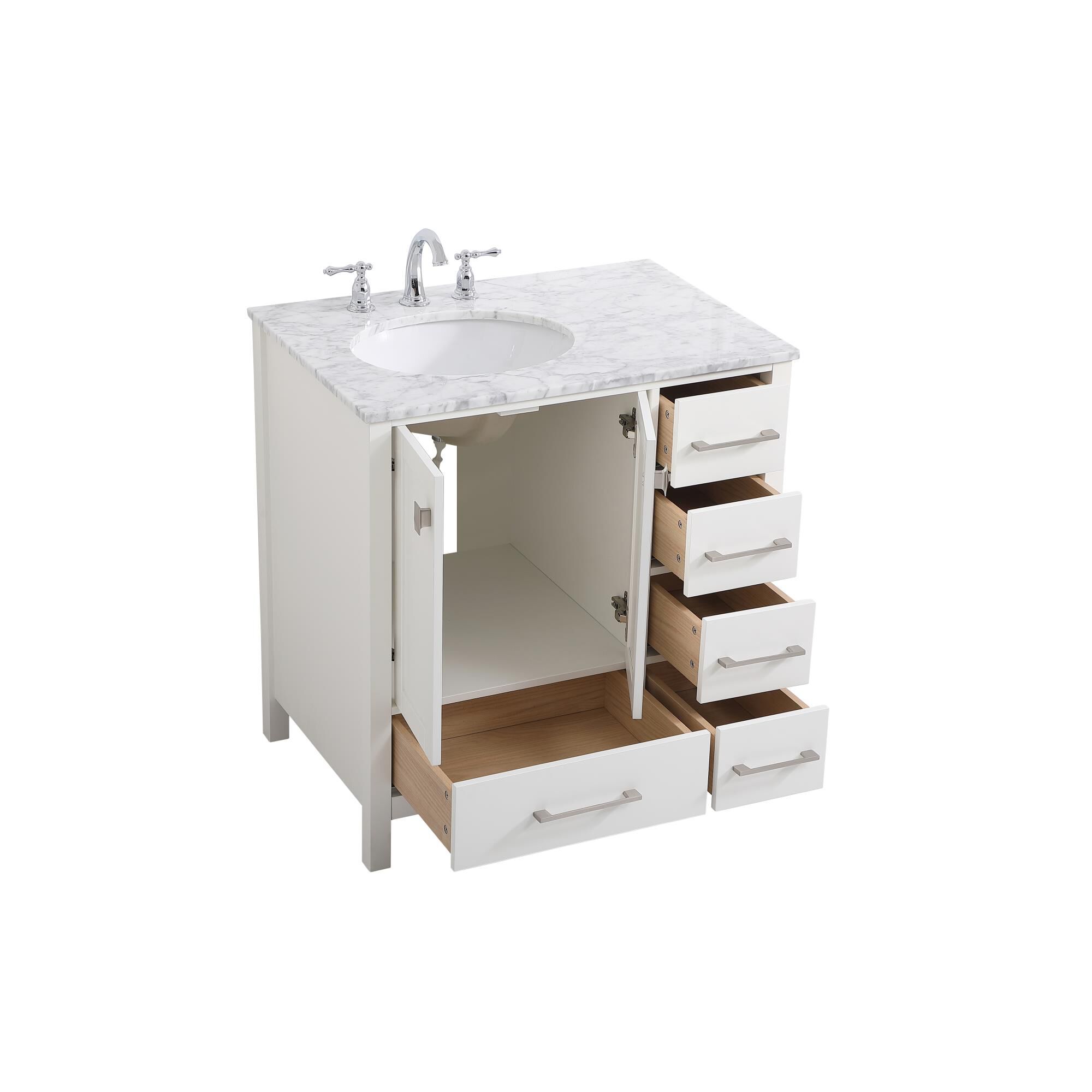 Shown in White And Brushed Nickel With Carrara White Marble finish