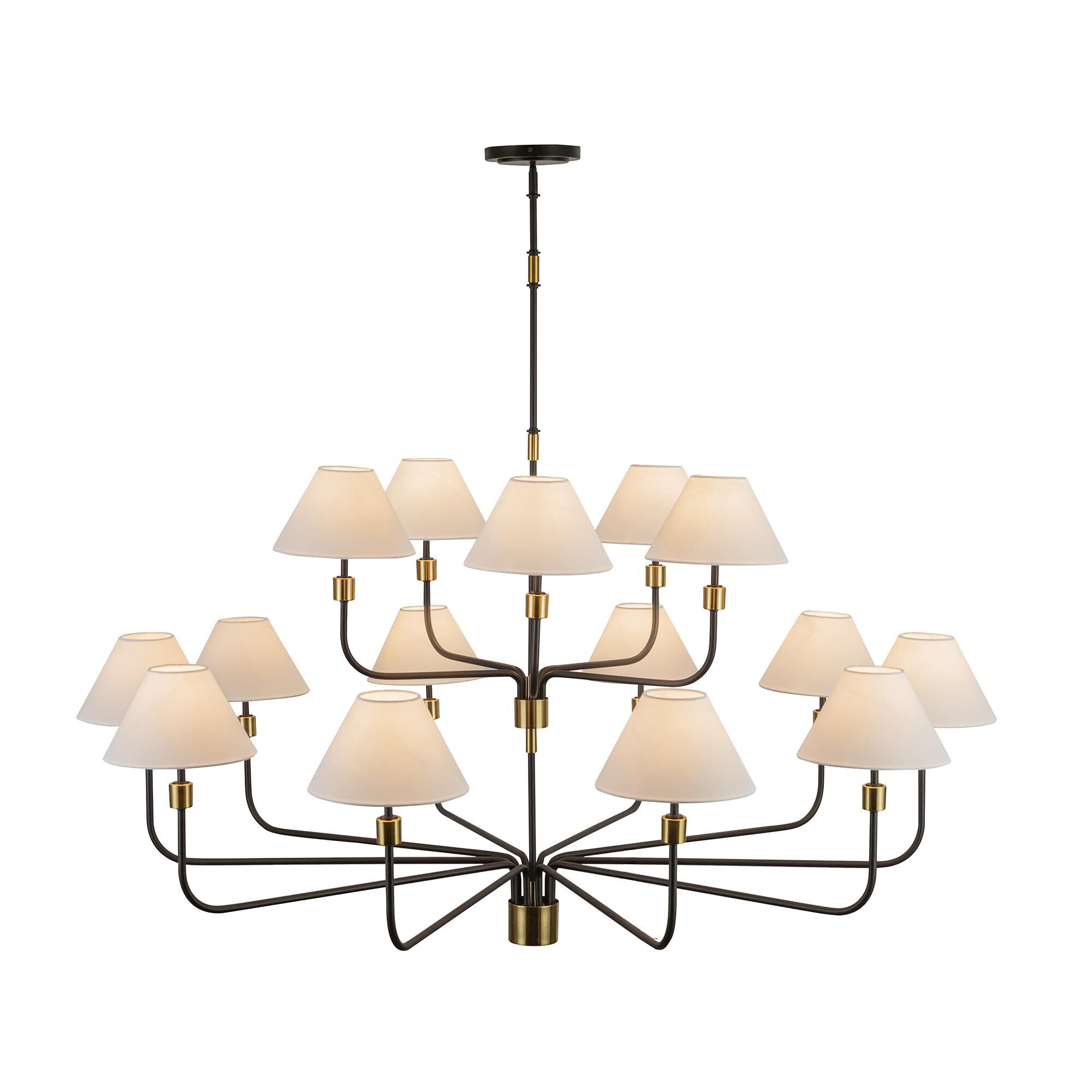 Shown in Black and Brushed Brass finish and Hardback Linen Fabric shade
