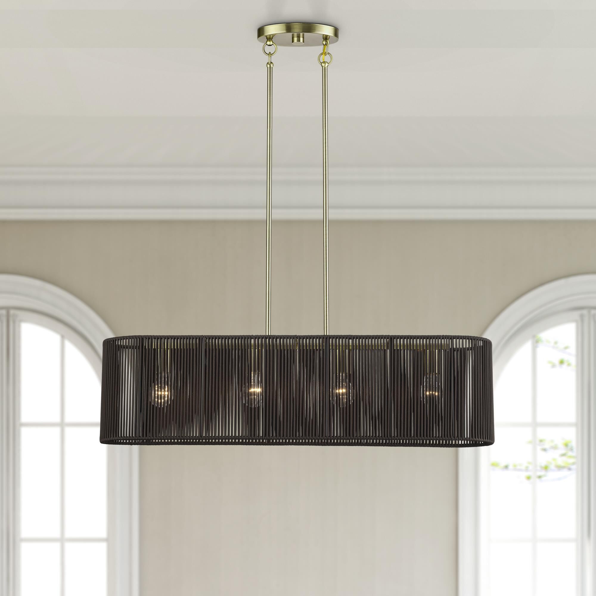 Shown in Antique Brass finish and Hand-Woven Dark Chocolate Color Polyester Rope shade
