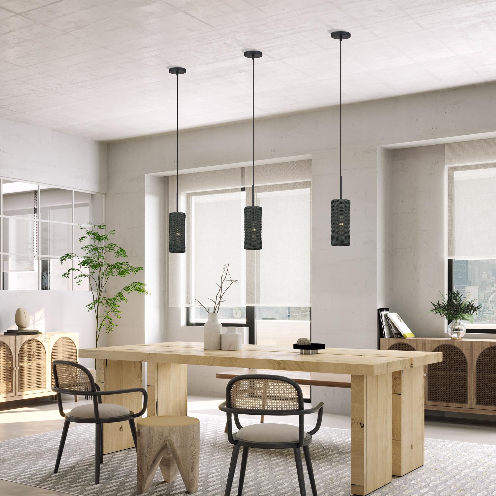 Shown in Black finish and Hand-Woven Charred Gray Color Rattan shade