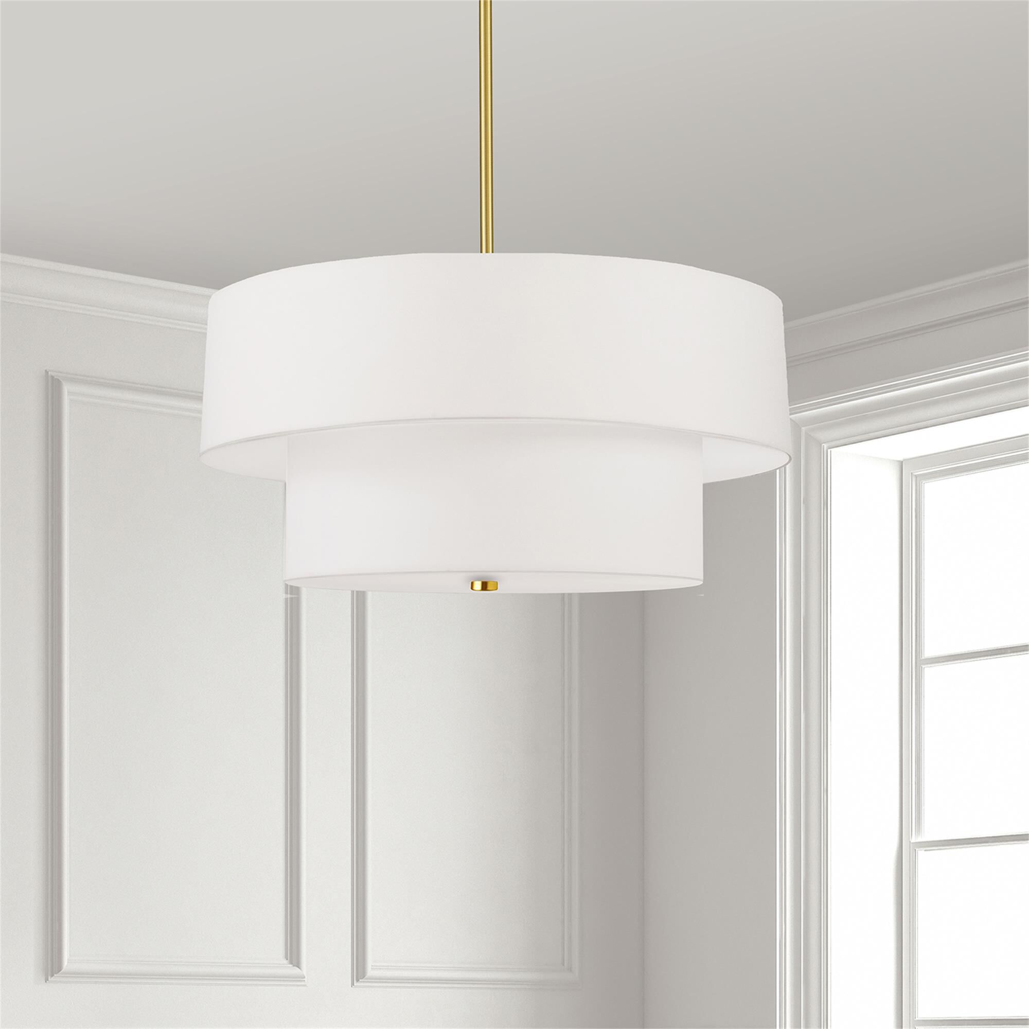 Shown in Aged Brass and White finish and White Fabric Drum shade