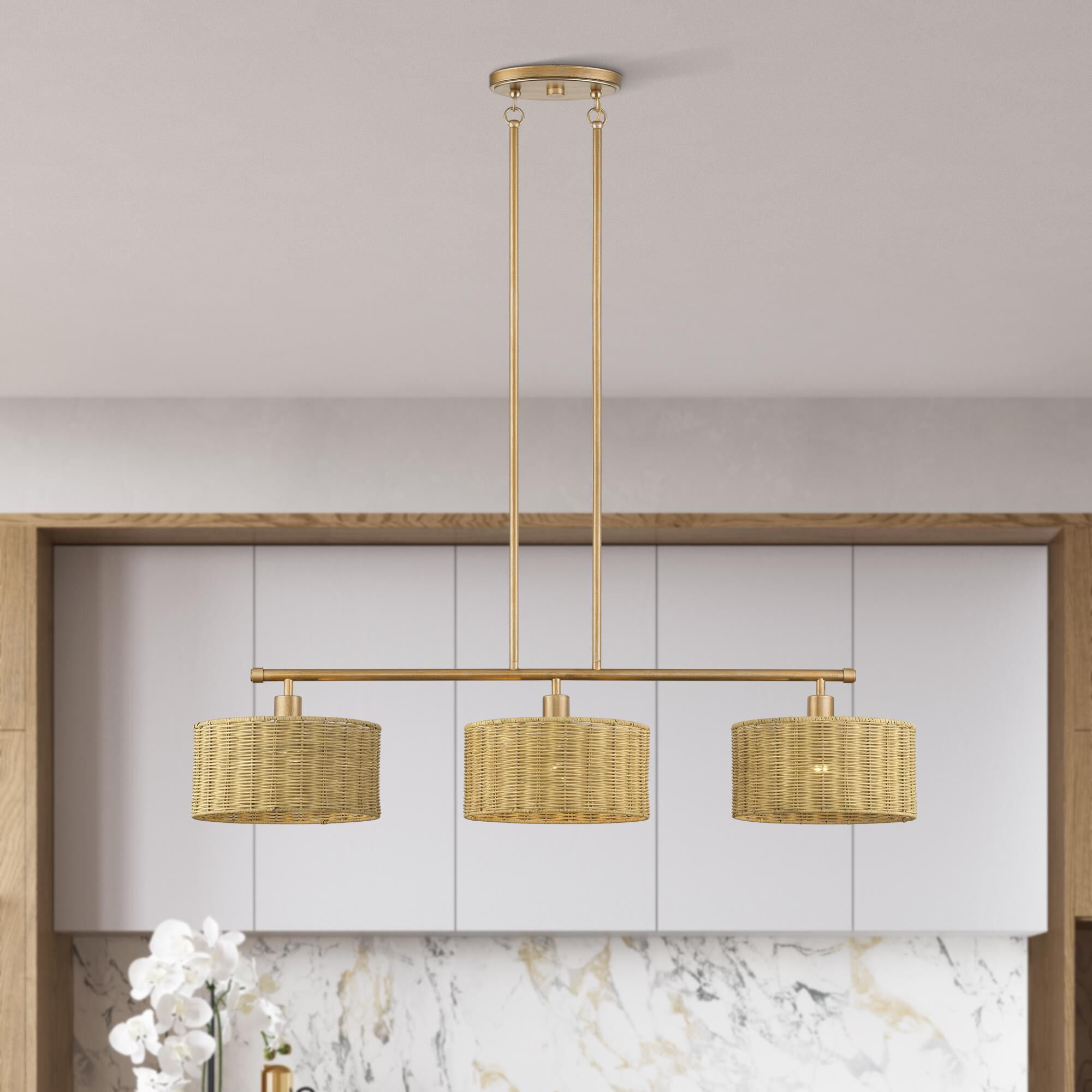 Shown in Antique Gold Leaf finish and Hand-Woven Rustic Walnut Color Rattan shade