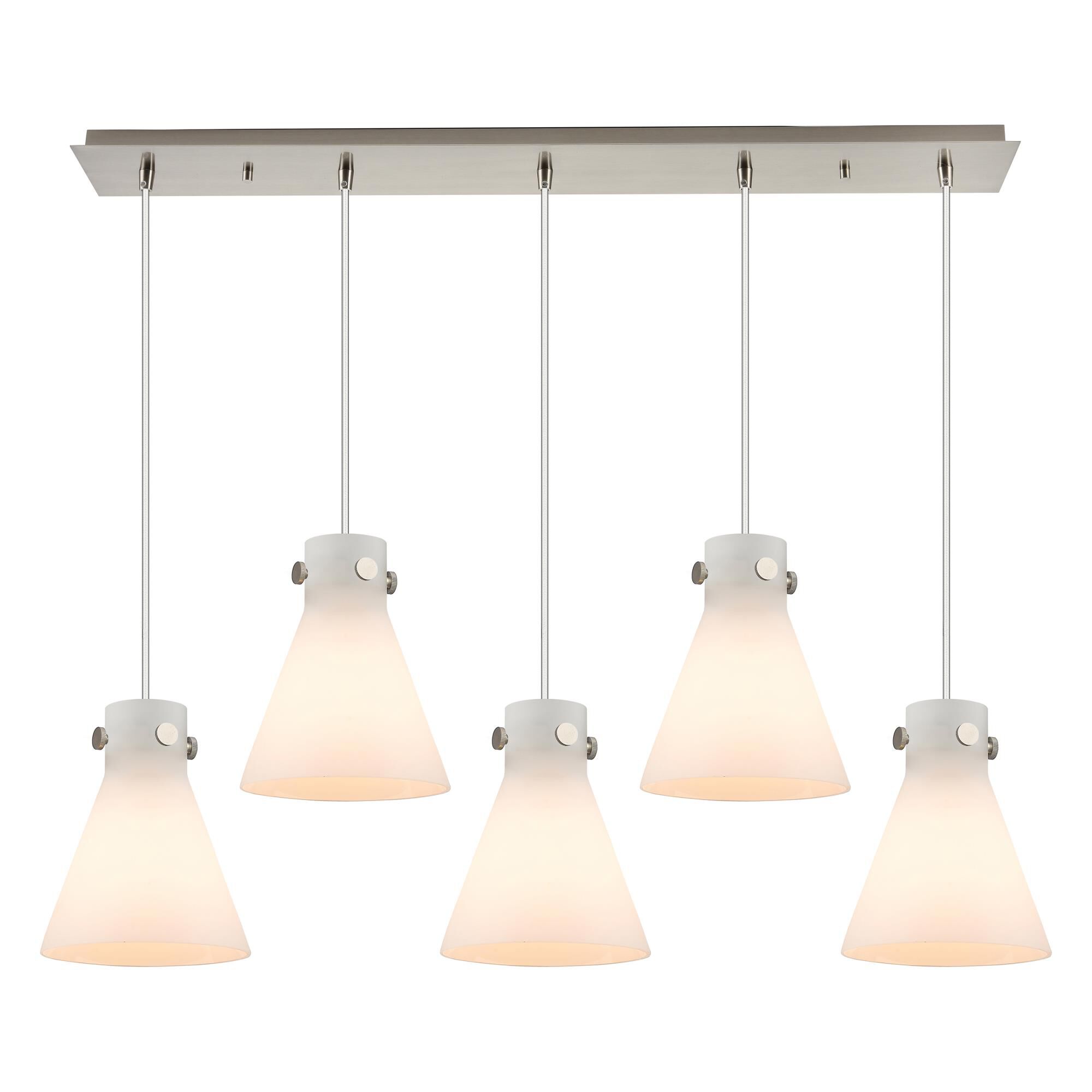 Shown in Brushed Satin Nickel finish and White glass and White Glass shade