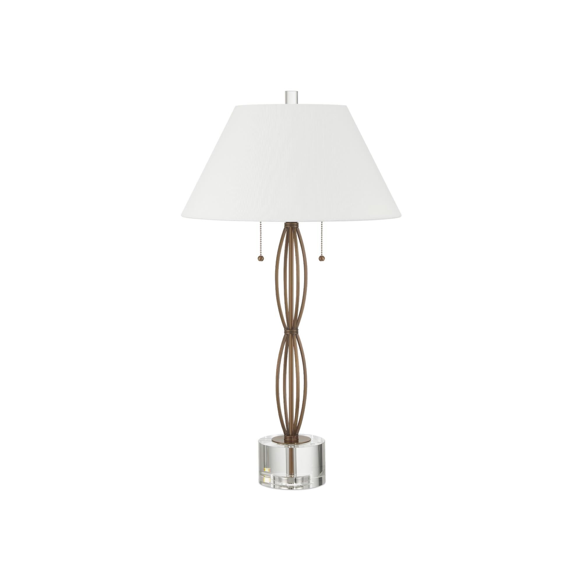 Shown in Antique Brass and Clear finish and Off-White Polyester/Round Coolie/Hardback shade