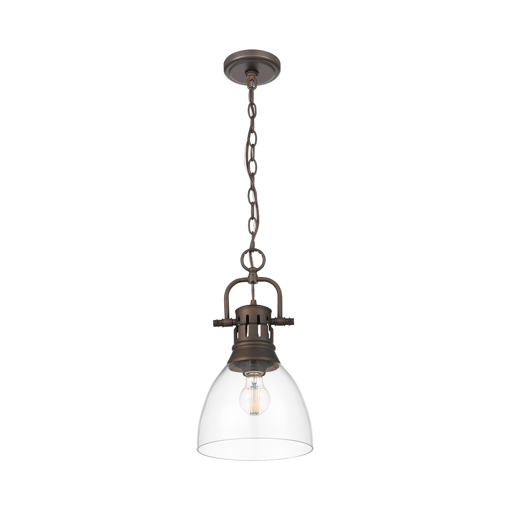 Shown in Rubbed Bronze finish and Clear Glass shade
