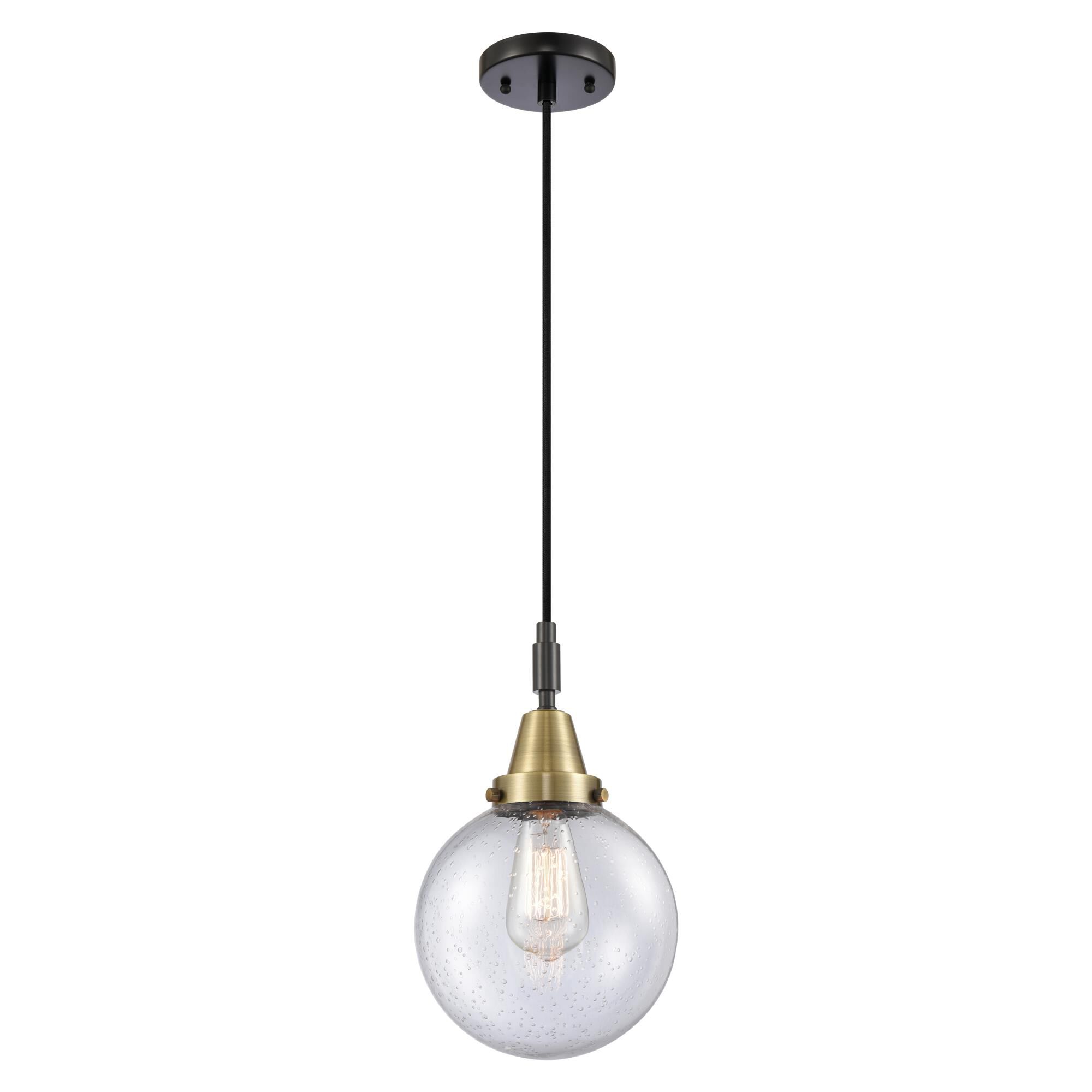 Shown in Black Antique Brass finish and Seedy glass