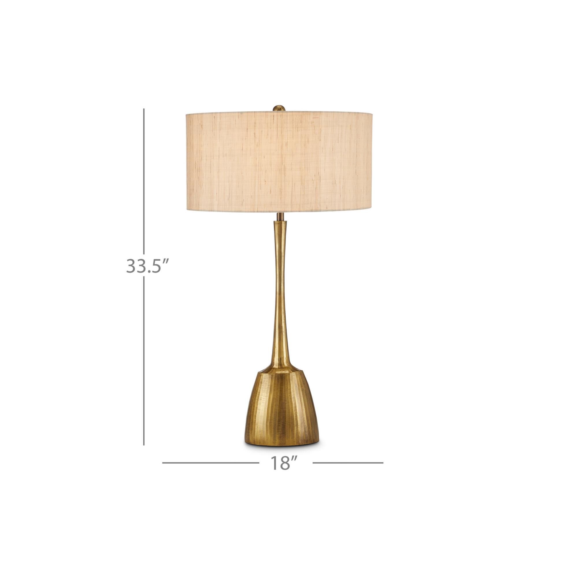 Shown in Antique Brass finish and Natural Linen shade
