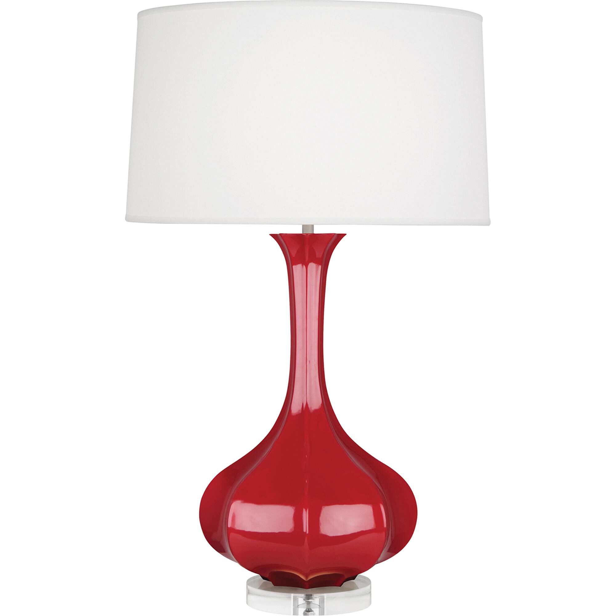 Shown in Ruby Red Glazed Ceramic With Lucite Base finish and Pearl Dupoini Fabric shade