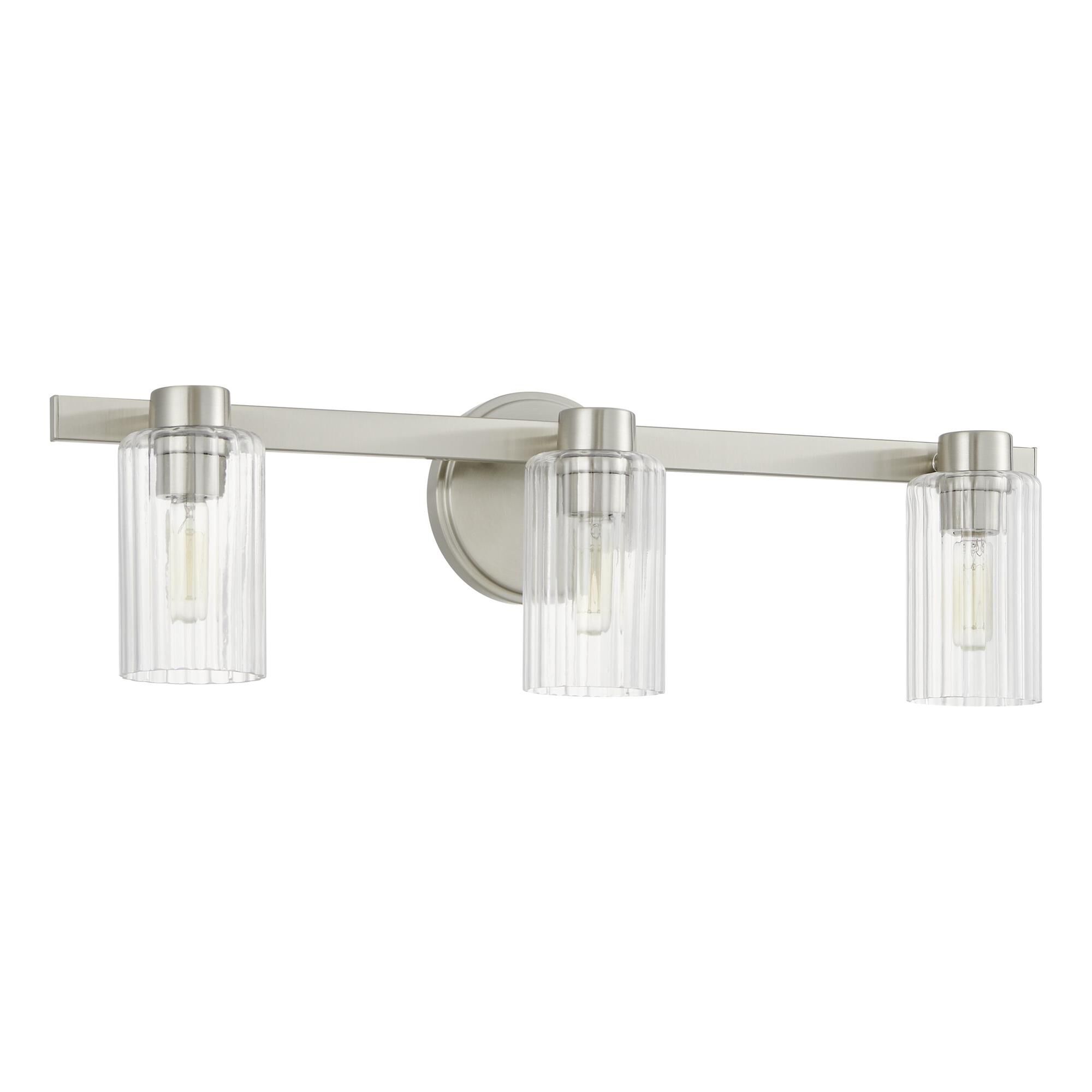 Shown in Brushed Nickel finish and Clear Ribbed glass