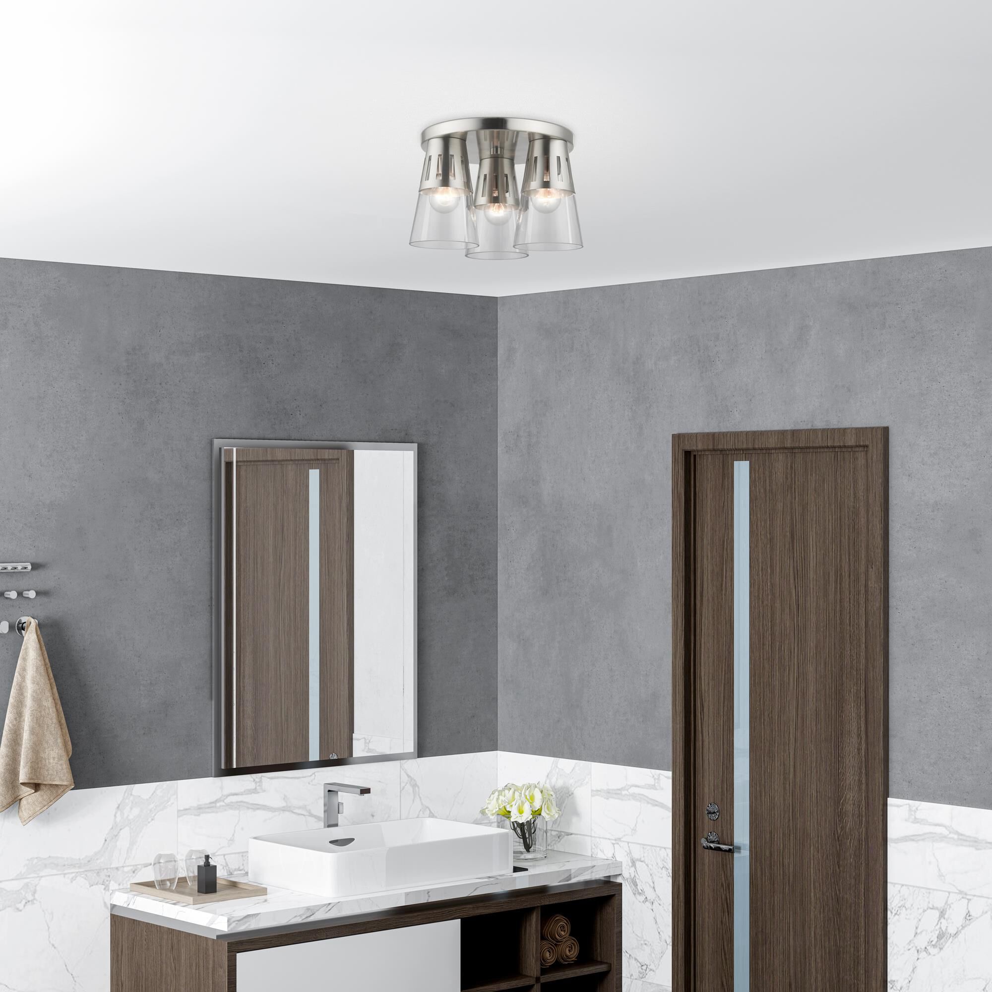 Shown in Brushed Nickel finish and Clear Hand Blown glass