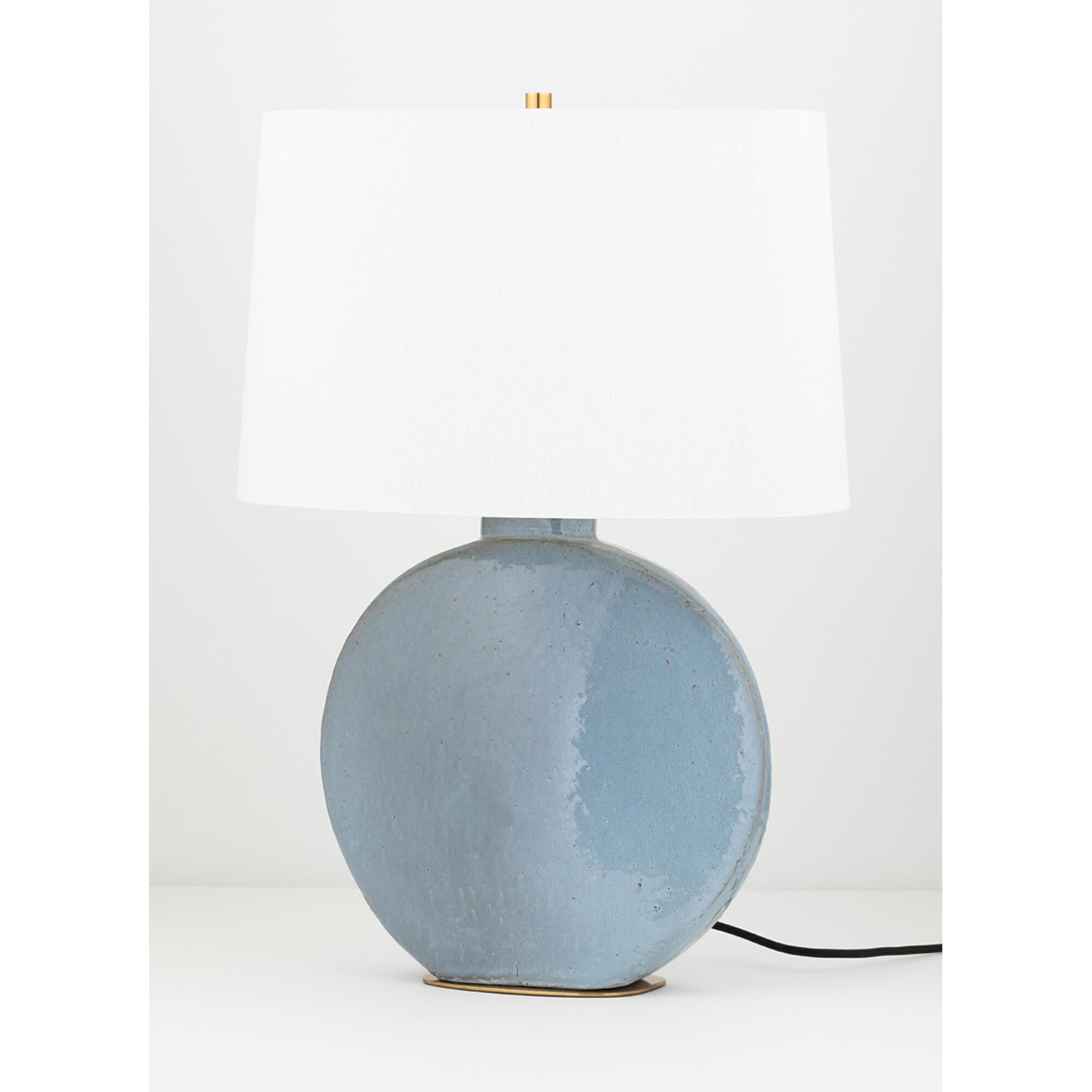 Shown in Aged Brass - Gray finish and Belgian Linen shade