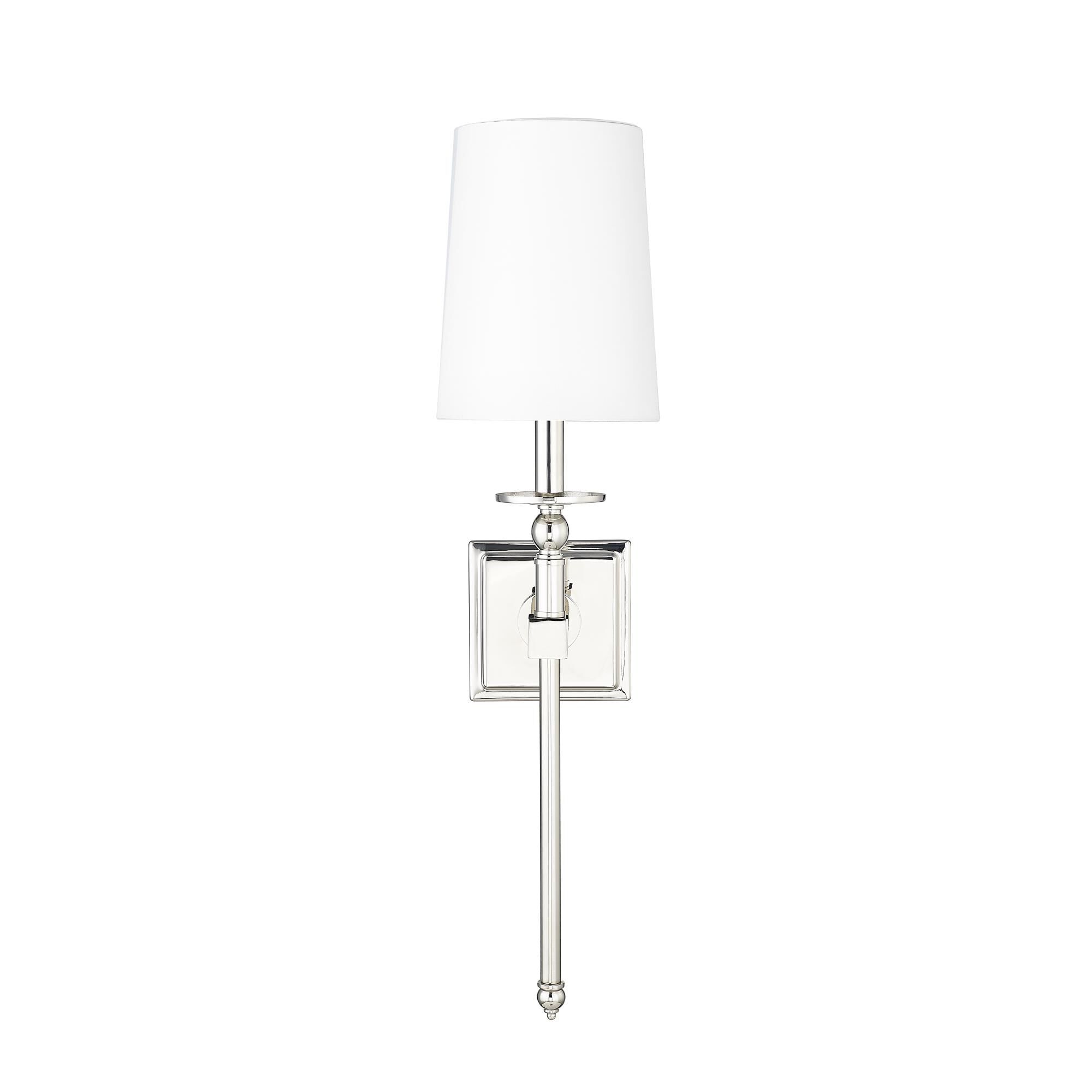 Shown in Polished Nickel finish and White Linen shade