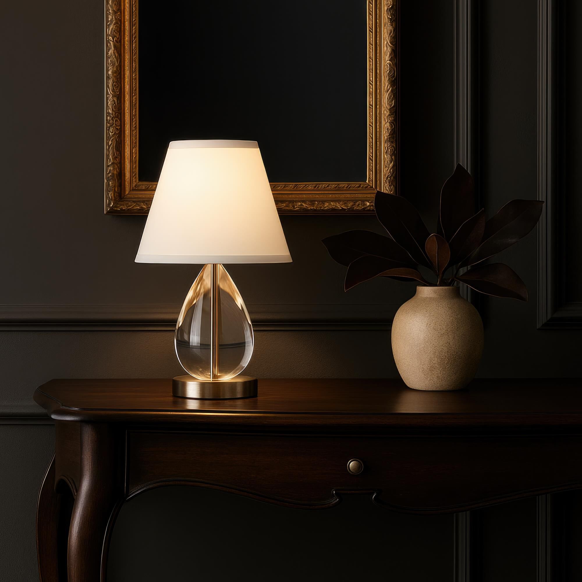 Shown in Brass finish and White Linen Shade shade