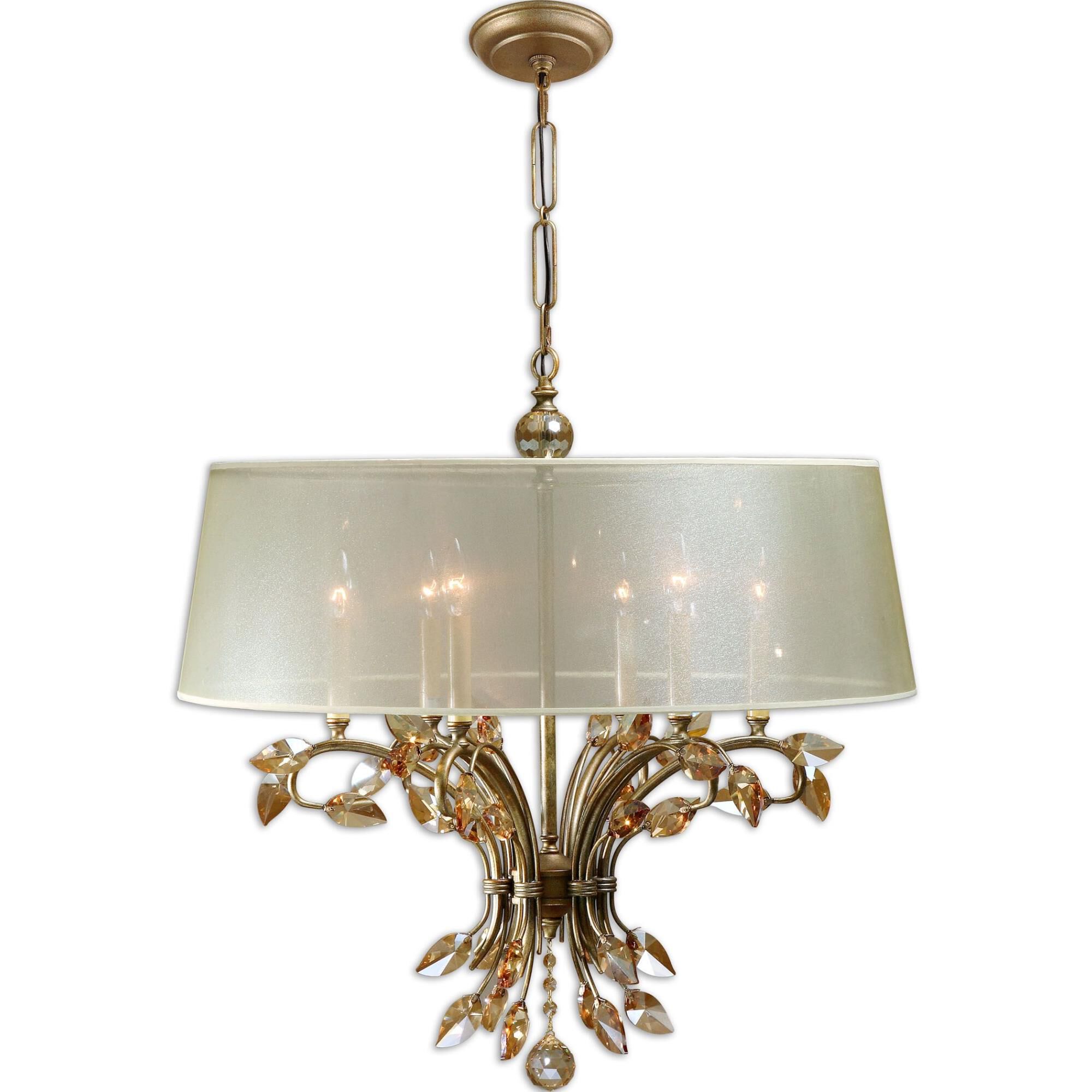Shown in Burnished Gold Metal finish and Golden Teak Crystal crystal and Silken Champagne Sheer Fabric shade