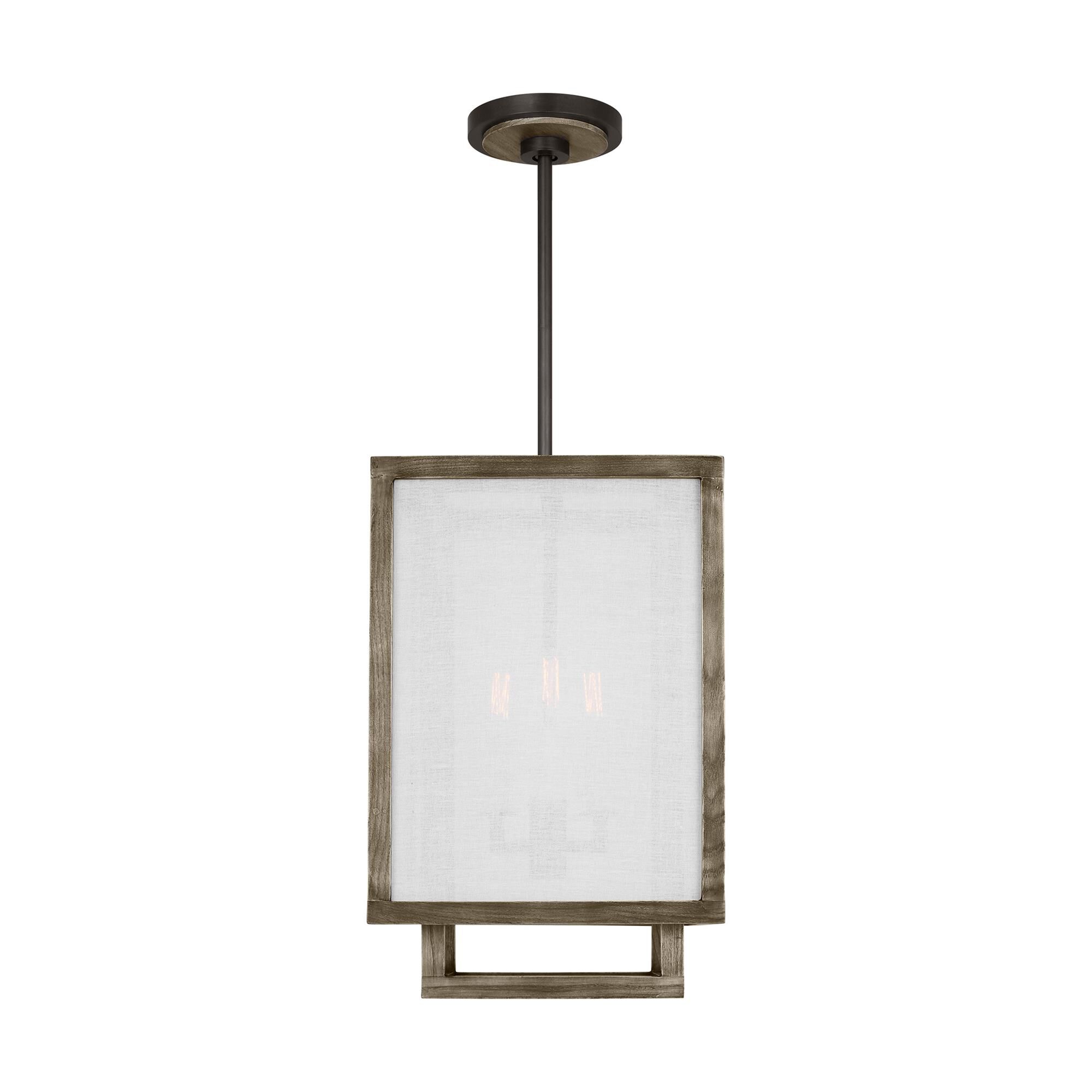Shown in Weathered Oak Wood finish and White Linen Fabric s shade