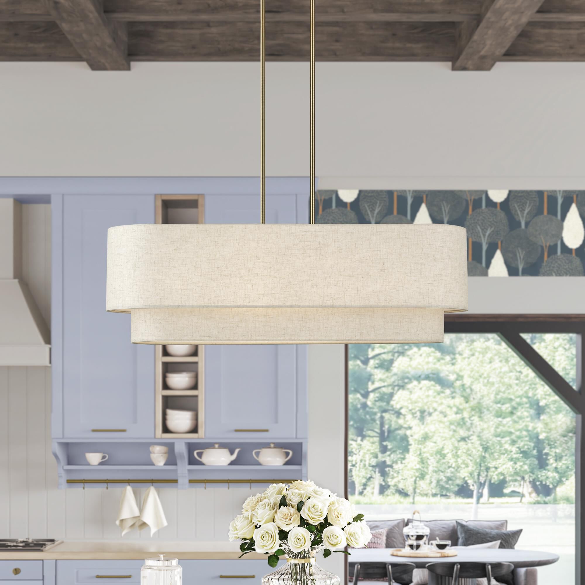 Shown in Antique Brass finish and Hand Crafted Oatmeal Color Fabric with White Color Inside shade