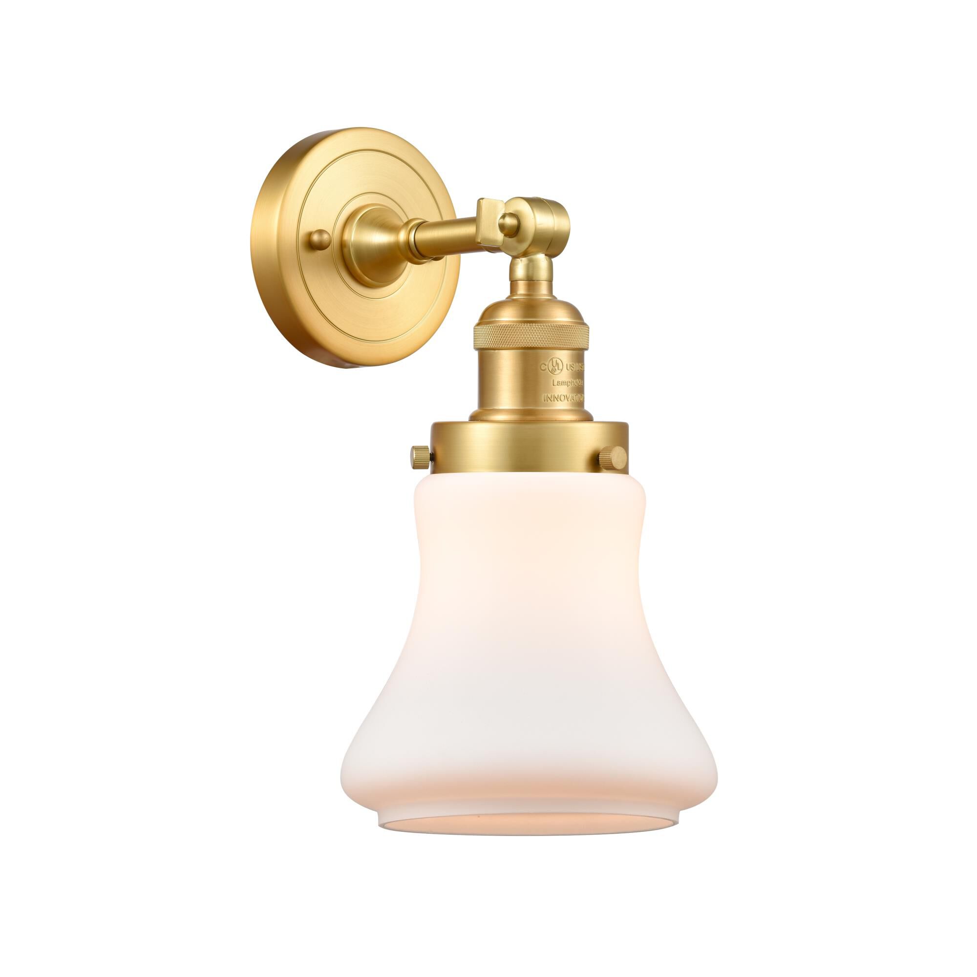 Shown in Satin Gold finish and Matte White Bellmont glass