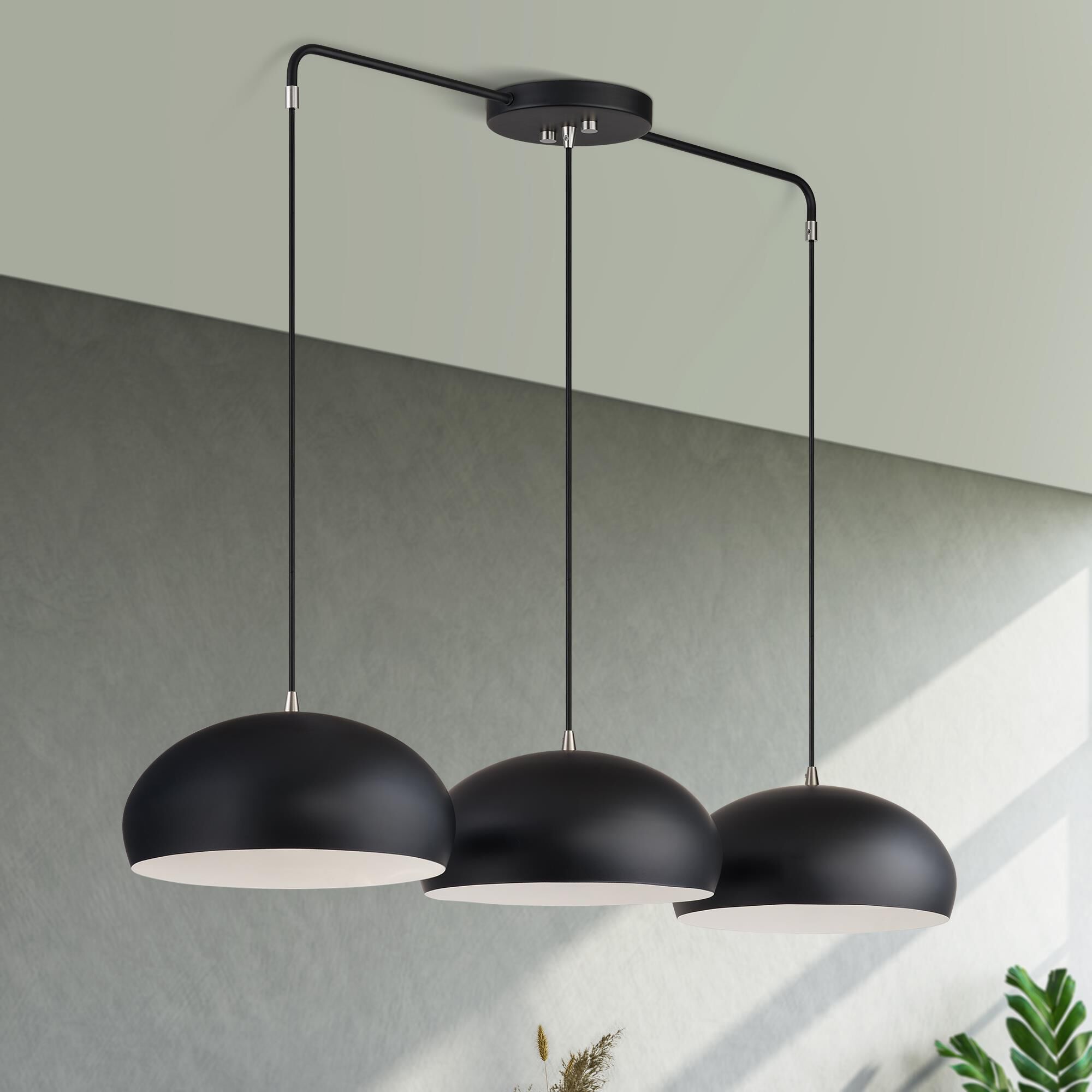 Shown in Black with Brushed Nickel Accents finish and Black Steel with Shiny White Inside shade