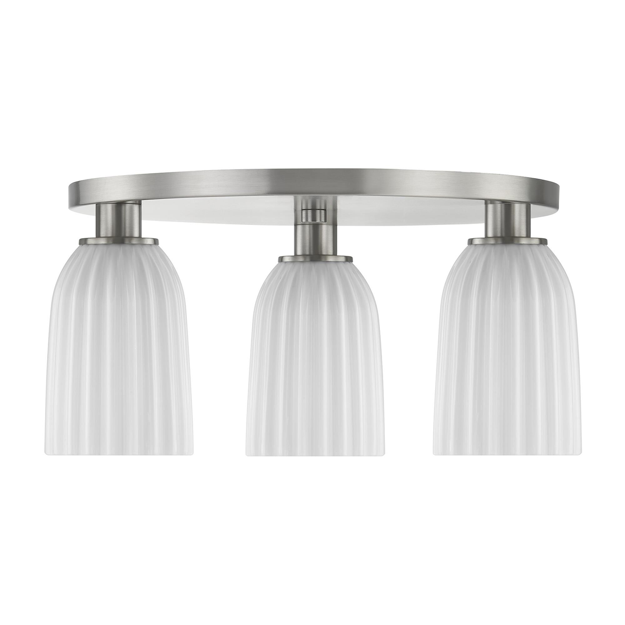 Shown in Satin Nickel finish and White Opal Ribbed glass