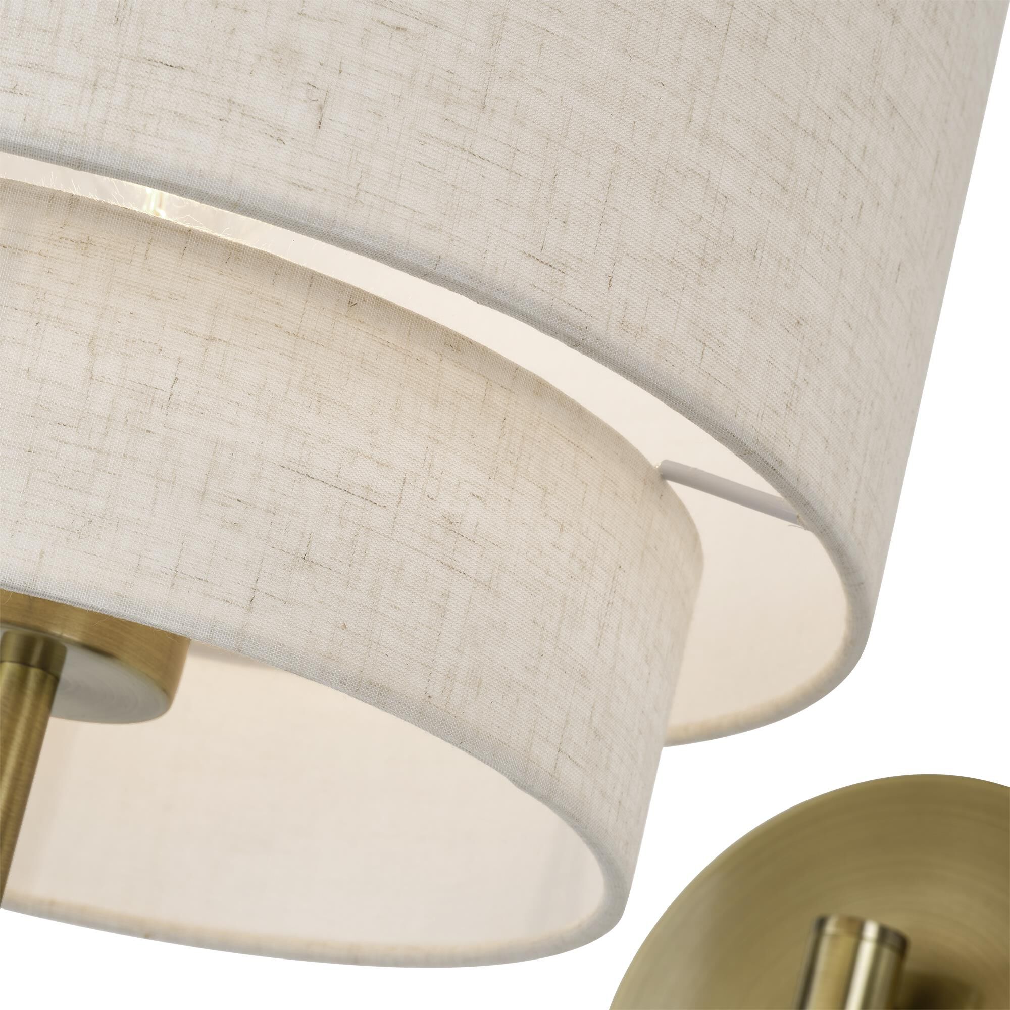 Shown in Antique Brass finish and Hand Crafted Oatmeal Color Fabric with White Color Inside shade