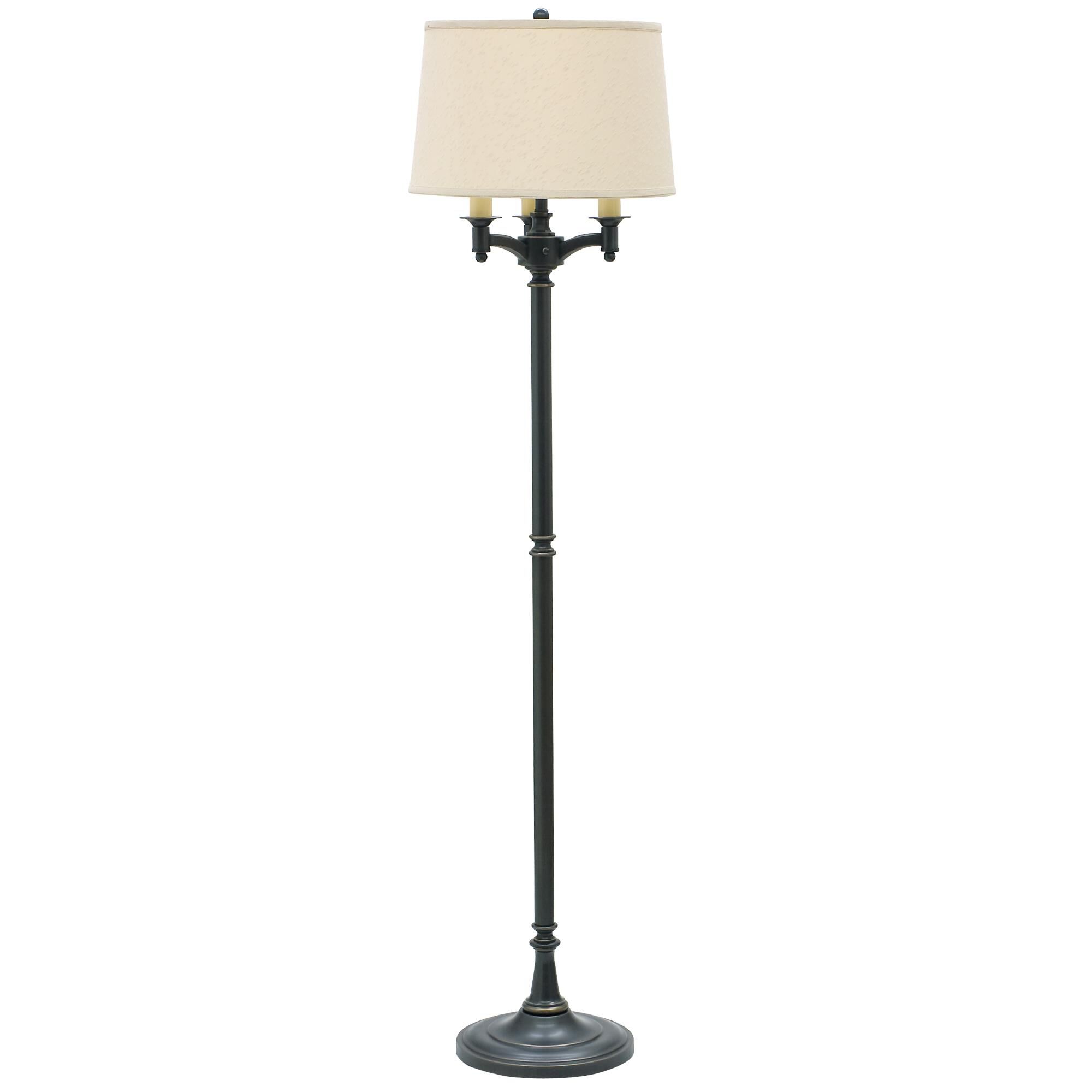 Shown in Oil Rubbed Bronze finish and Off-White Linen Hardback shade
