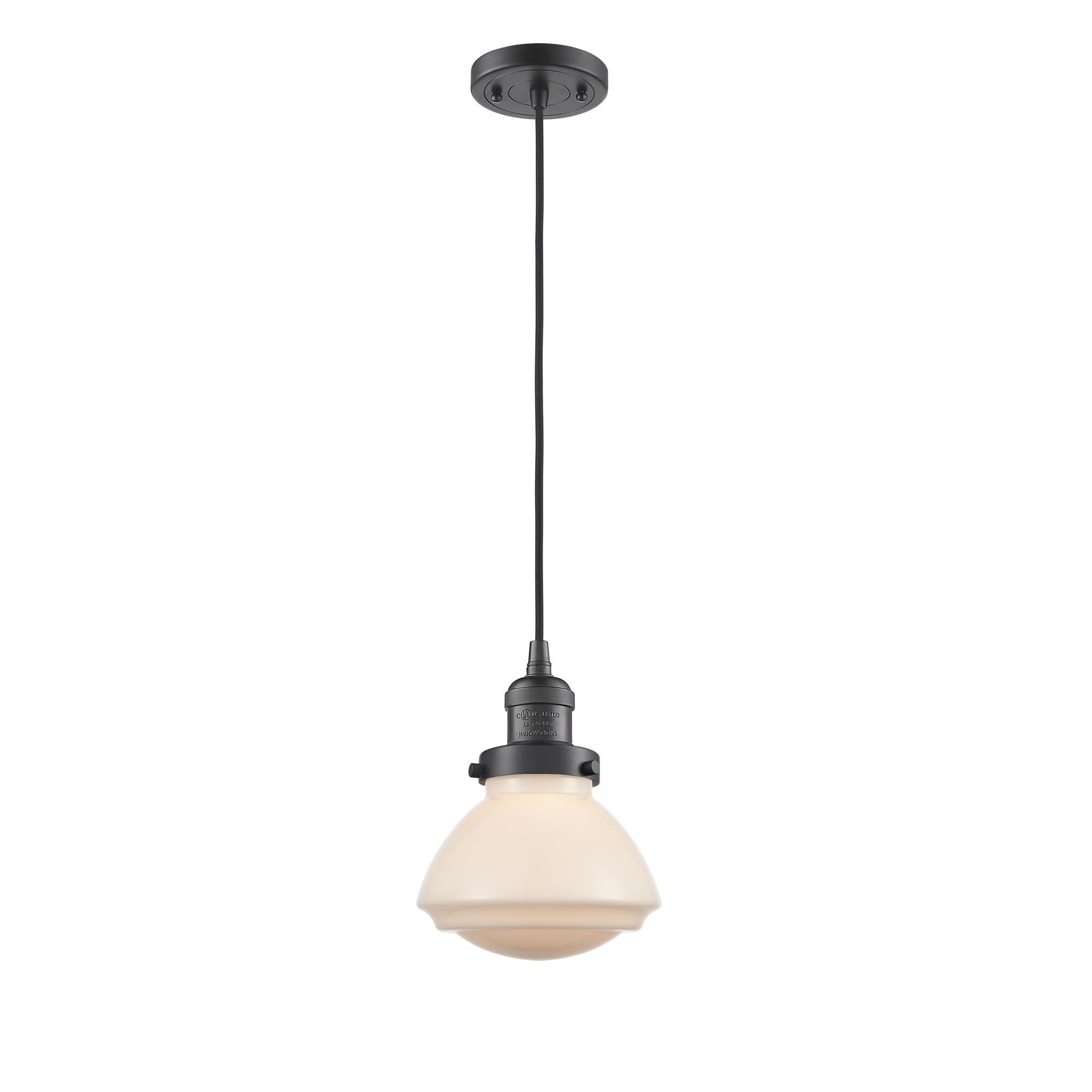 Shown in Oil Rubbed Bronze finish and Frosted Matte White Olean glass and Bulb Tint - Amber accent