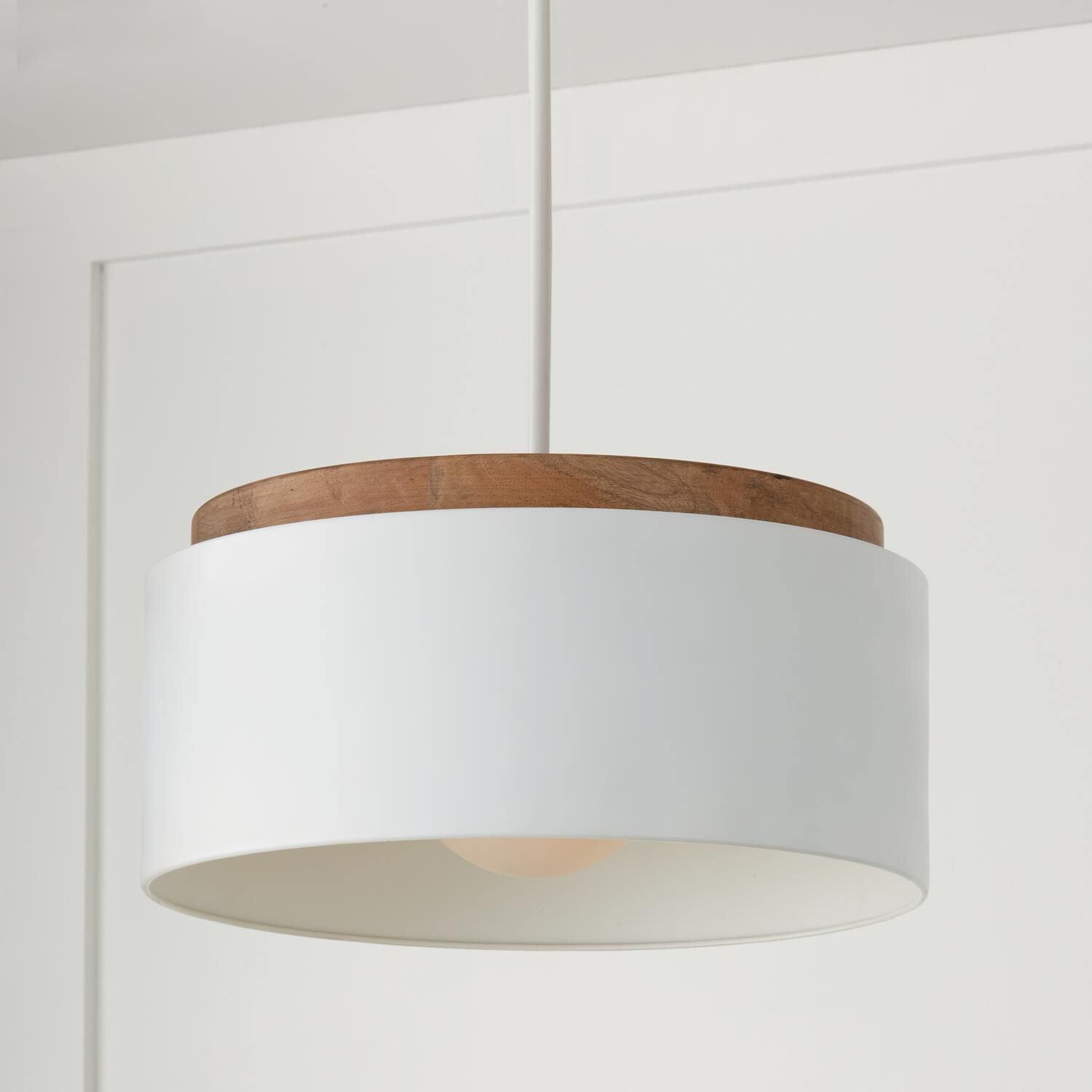 Shown in Light Wood And White finish and Soft White  Orb glass and Matte White Metal shade