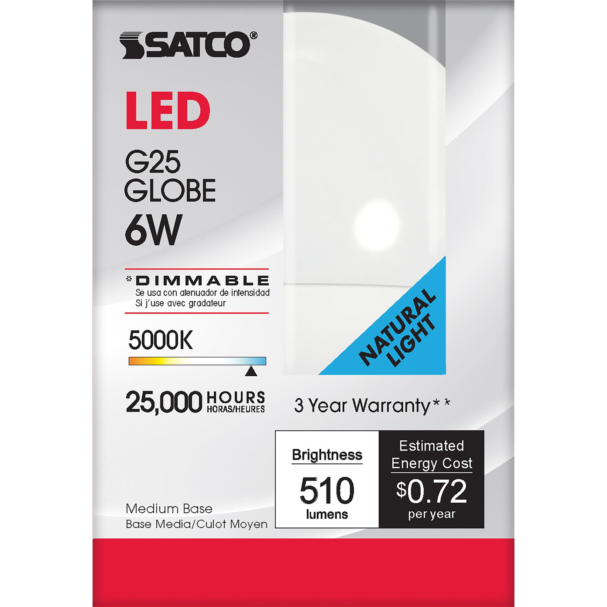 6 Watt 5000K G25 LED Light Bulb by Satco