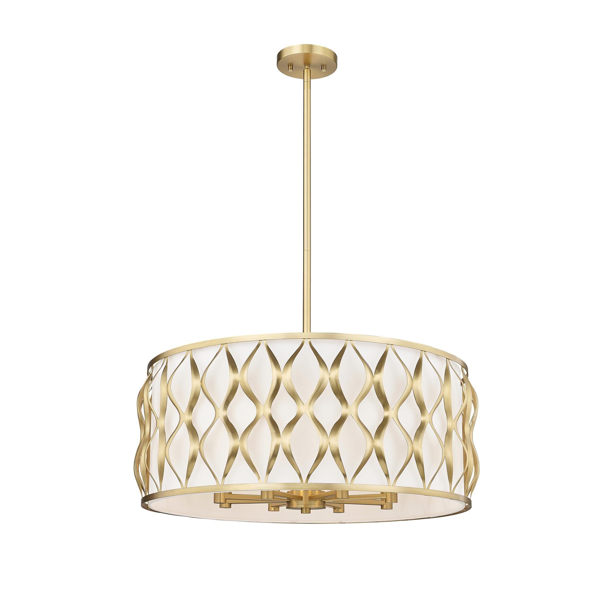 Shown in Modern Gold finish and White glass and White shade