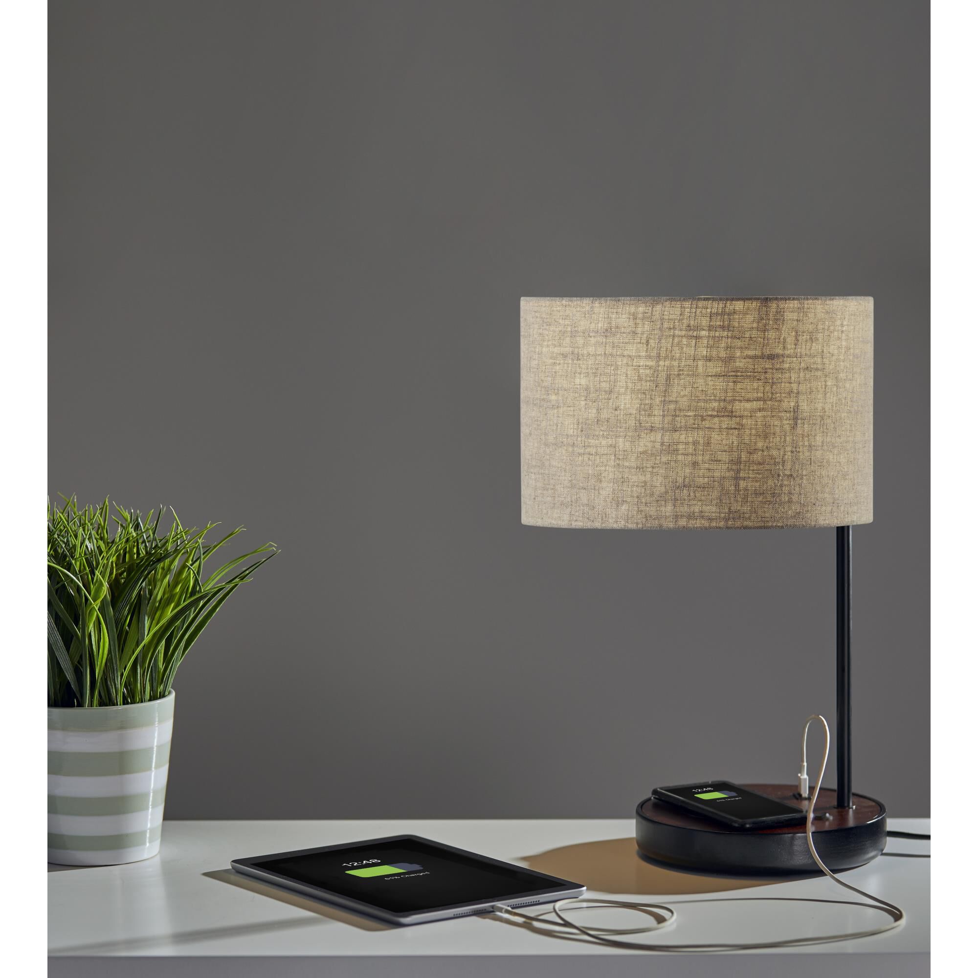 Shown in Matte Black - Walnut Poplar Wood finish and Natural Textured Fabric shade