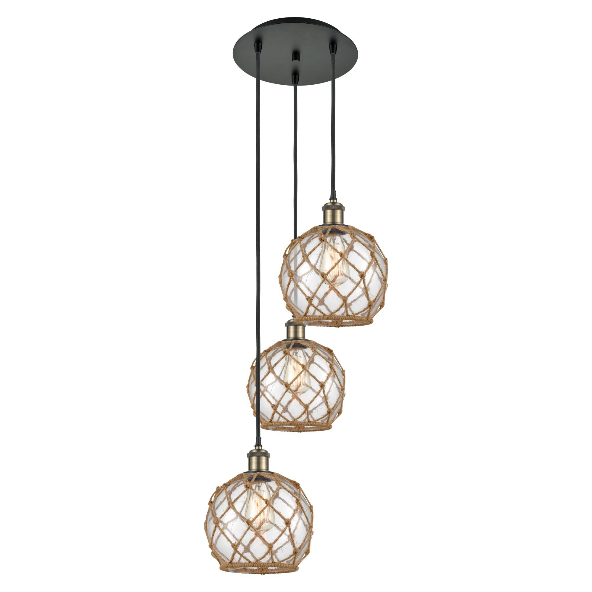 Shown in Black Antique Brass finish and Clear with Brown Rope glass