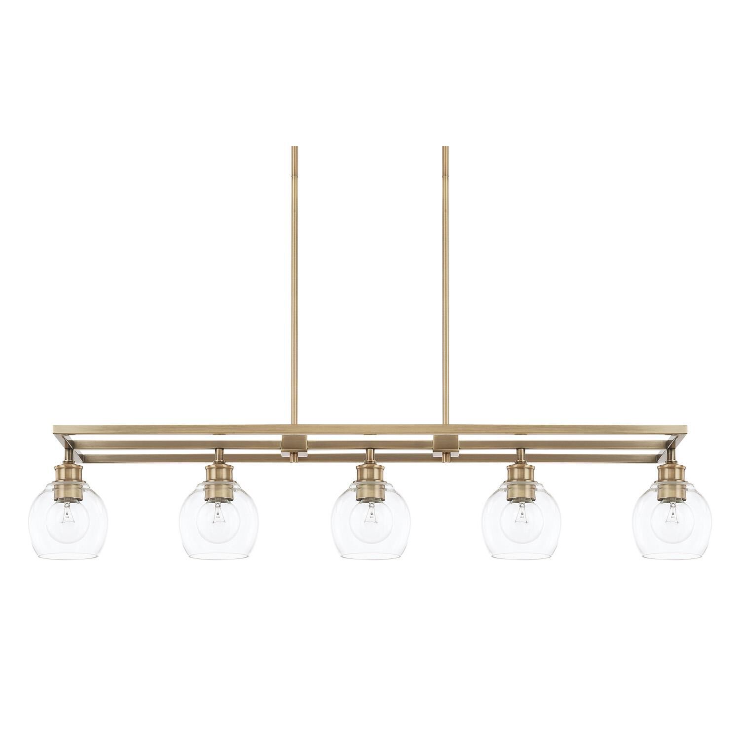 Shown in Aged Brass finish and Clear glass