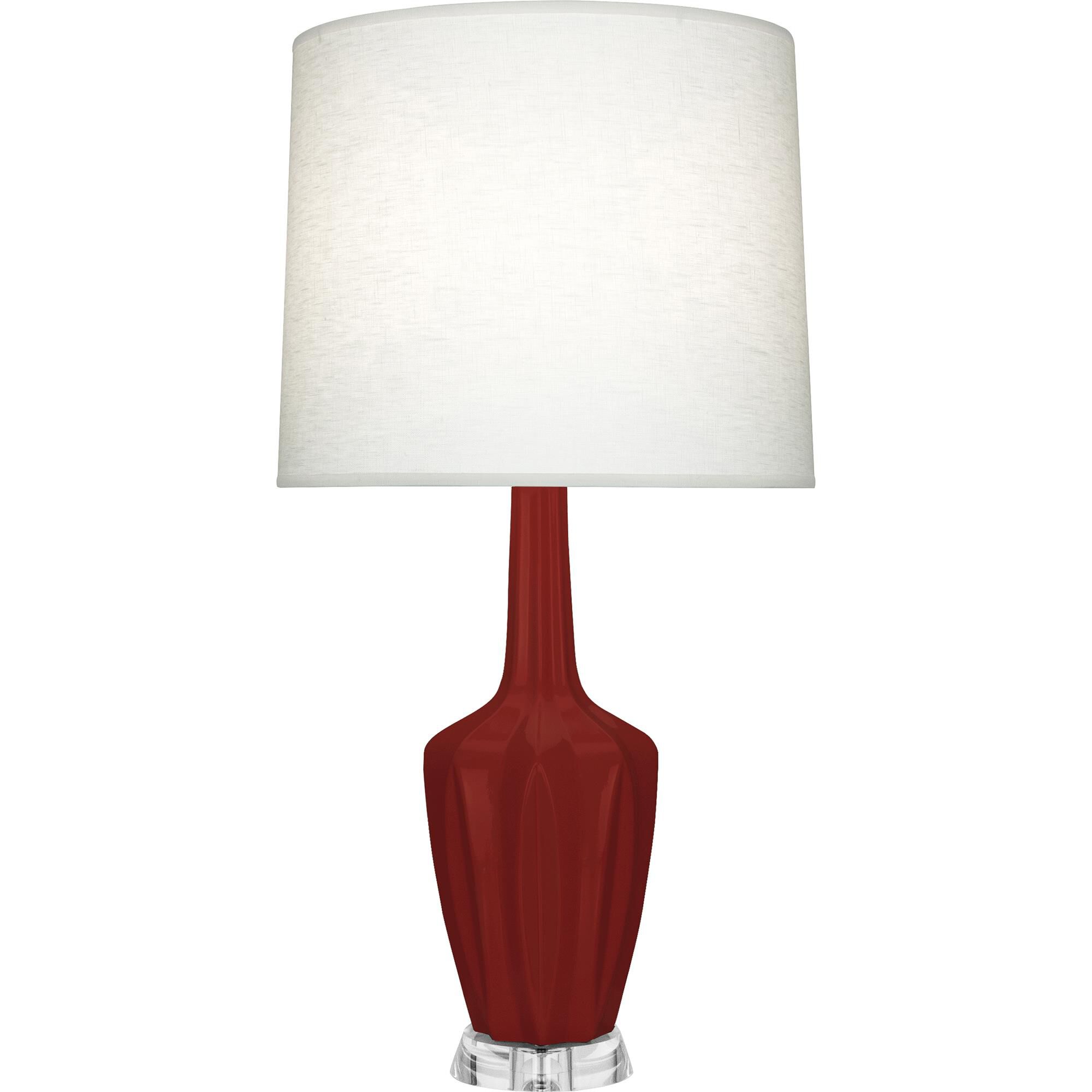Shown in Oxblood Glazed finish and Oyster Linen shade and Lucite accent