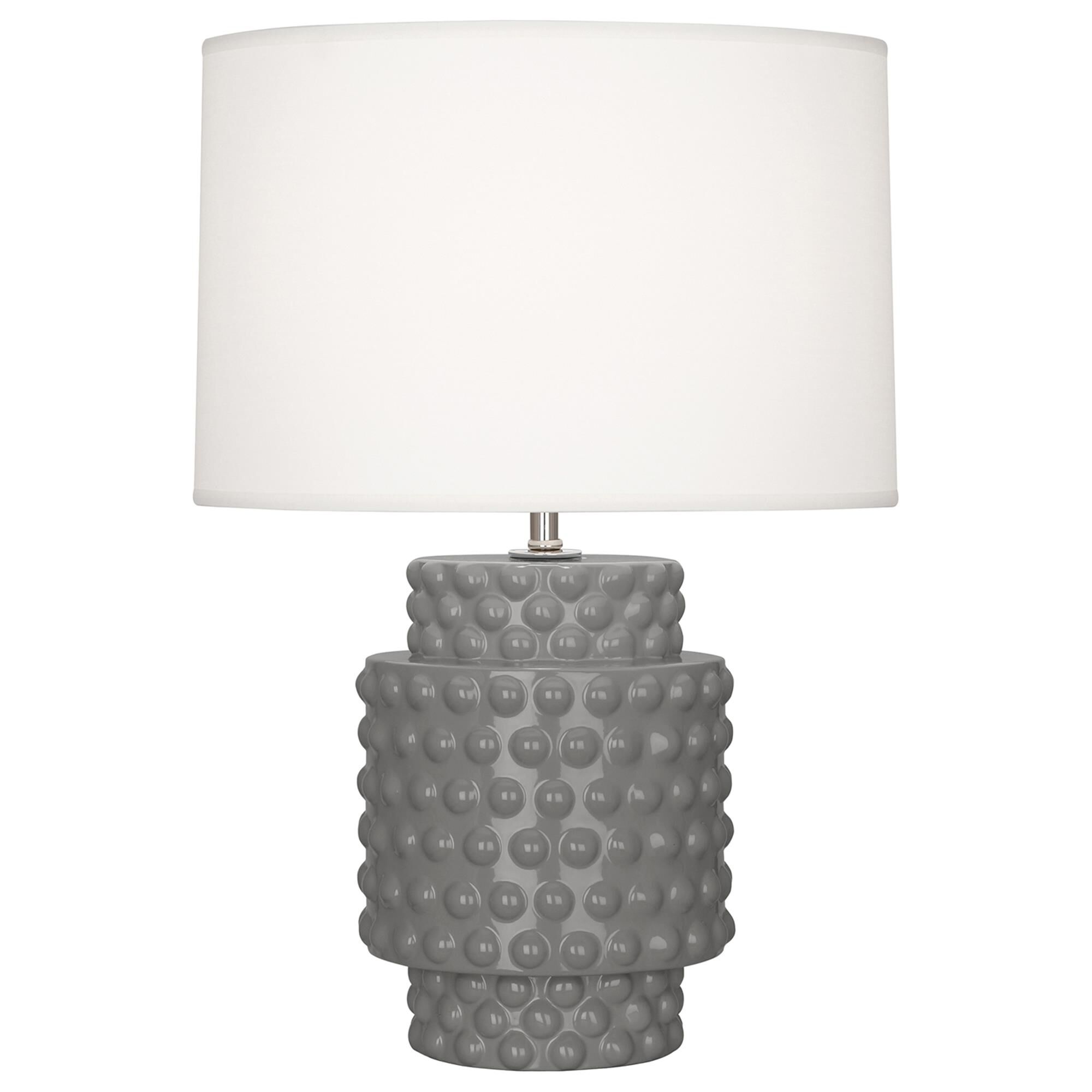 Shown in Smoky Taupe Glazed Textured Ceramic finish and Fondine Fabric shade